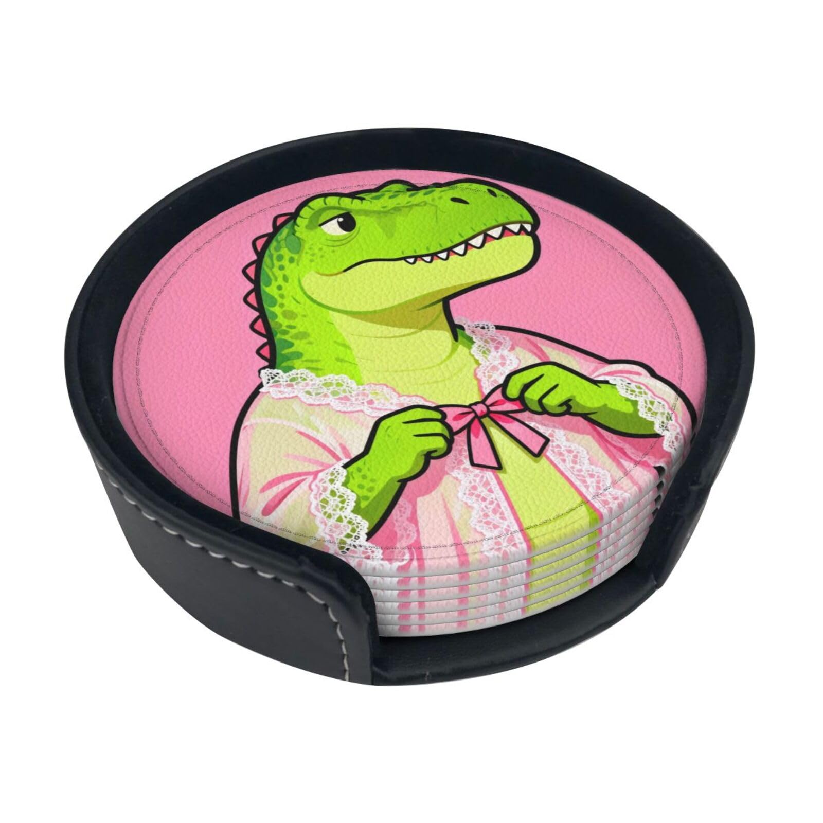 Cute Dinosaur Leather Coasters-Set of 6 with Storage Holder