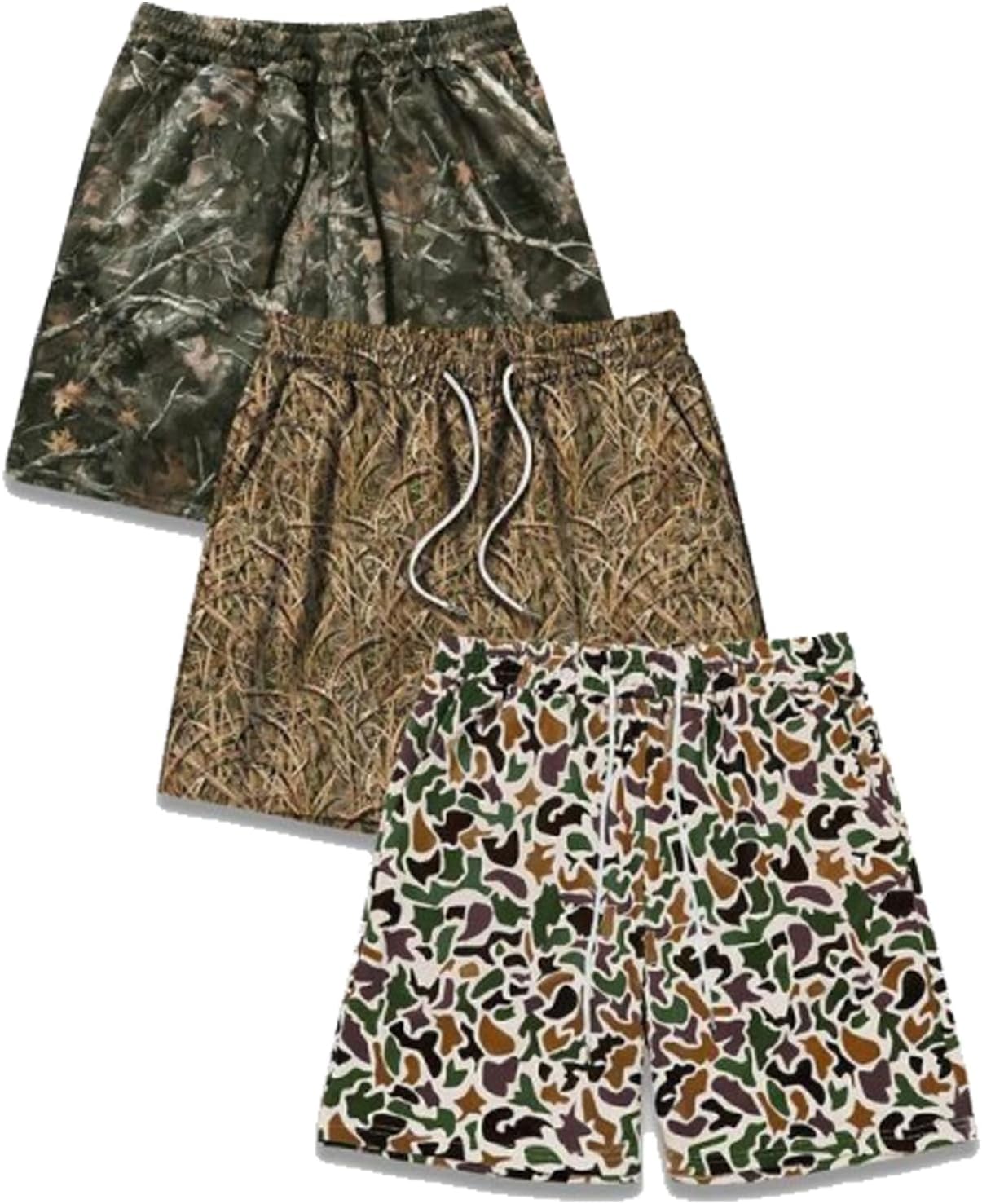Pack 3 Duck Hunting Camo Shorts - 5 Inch Inseam Camo Mesh Design, Men's Casual Shorts for Hunting Fishing Hiking Shorts