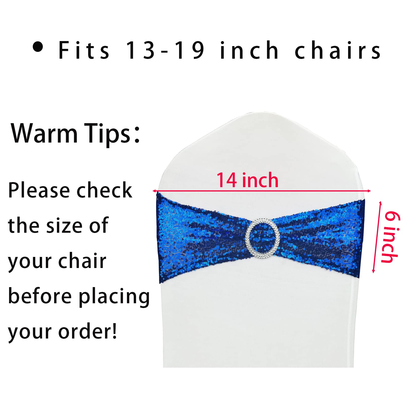 LIZIMI 50 Pcs Chair Sashes Sequin Stretch Chair Bands Spandex Polyester Bows for Party Hotel Wedding Banquets Decoration - Royal Blue