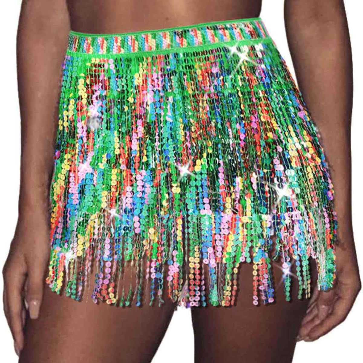 Sequin Tassel Skirt for Women, Glitter Sparkly Fringe Belly Dance Hip Scarf Skirts, 4 Layers Tassels Mini Rainbow Wrap Skirt for Festival Dance Performance Metallic Rave Party Belts Costume Outfits