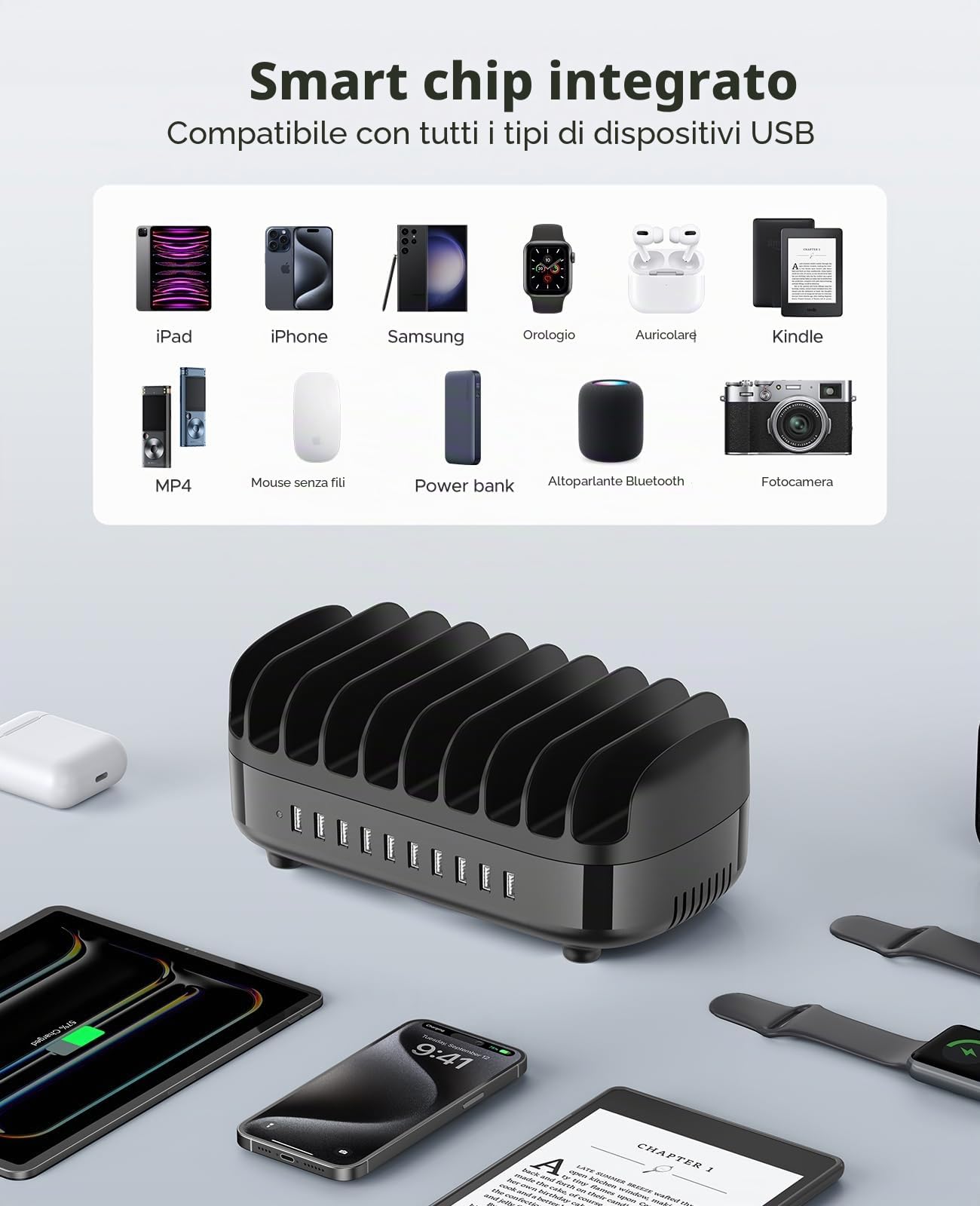 ORICO 120W Stazione di Ricarica Multi-Dispositivo, Versione Aggiornata 10 Porte USB con Ventola di Raffreddamento | Compatibile con iPhone, iPad, Smartphone Android e Tablet, Nero