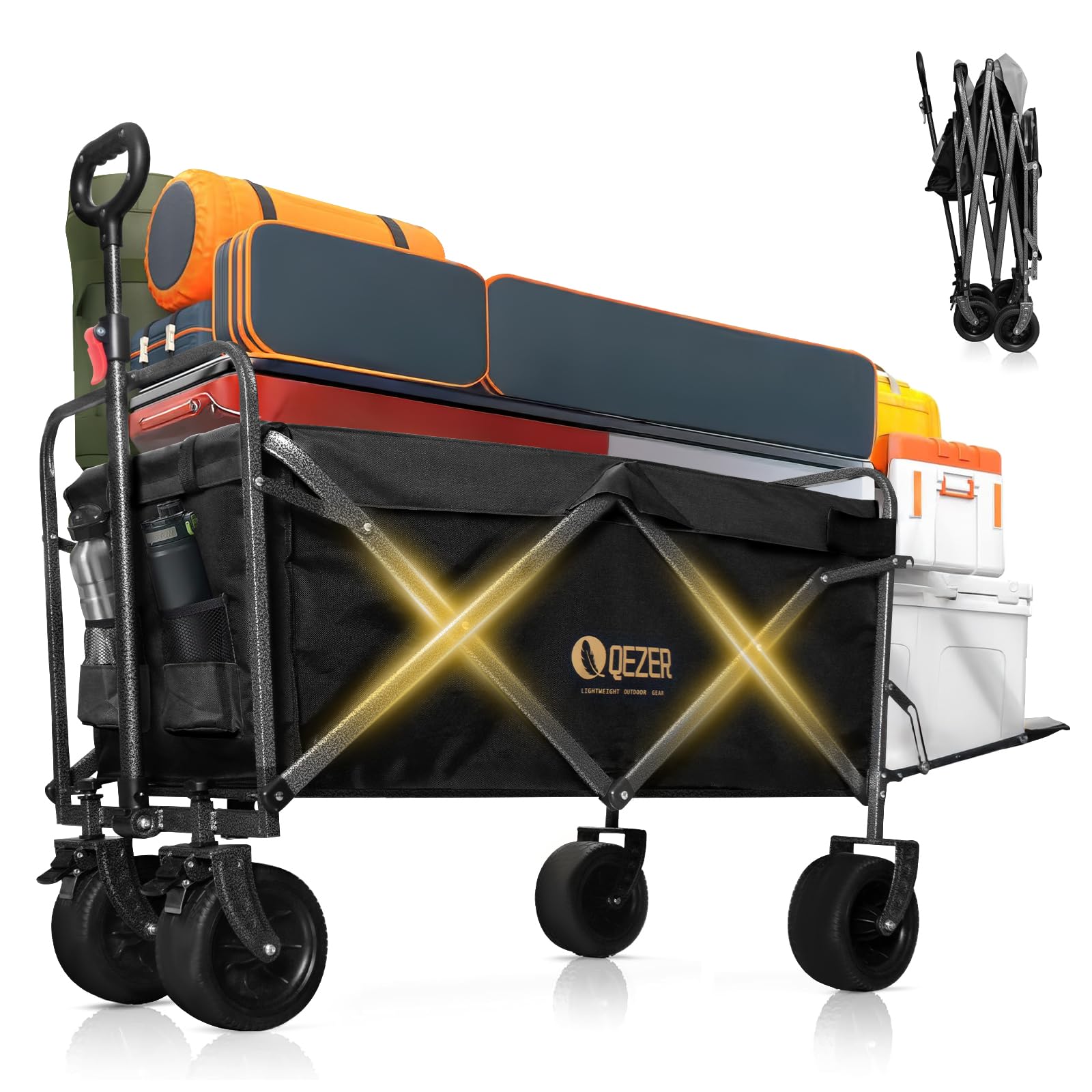 Carrello pieghevole è dotato di grandi ruote staccabili e di una maniglia regolabile, Capacità di carico massima 100kg/210kg，Adatto per campeggio, giardini e shopping (nero 250 litri 210kg)