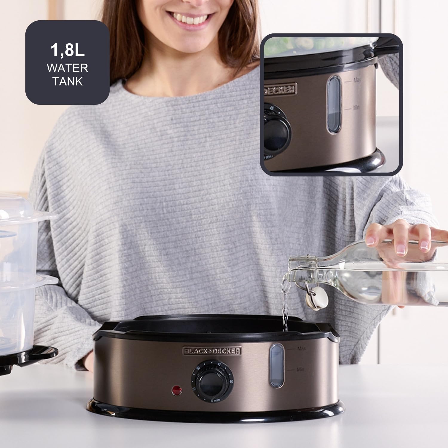 BLACK+DECKER BXST800E - Cuiseur Vapeur 800W | Capacité 6,5L (6-7 Portions) | Réservoir Eau 1L avec Indicateur | 2 Plateaux Empilables + Bol à Riz | Minuterie 60 min | Sans BPA | Lavable Lave-Vaisselle