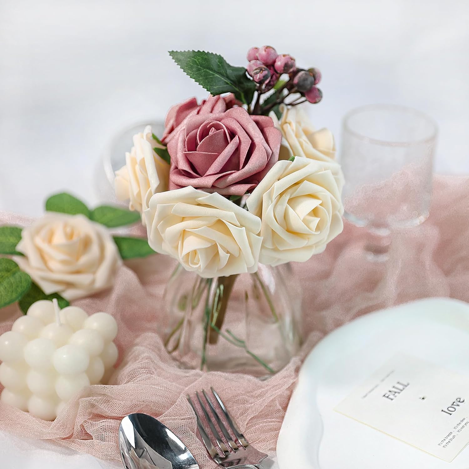 Meldel Artificial Flower 25pcs Real Touch Champagne Rose Fake Foam Roses with Stems for DIY Wedding Bouquets Gifts Bridal Shower Faux Floral Centerpieces Arrangements Home Party Tables Decorations - Image 7