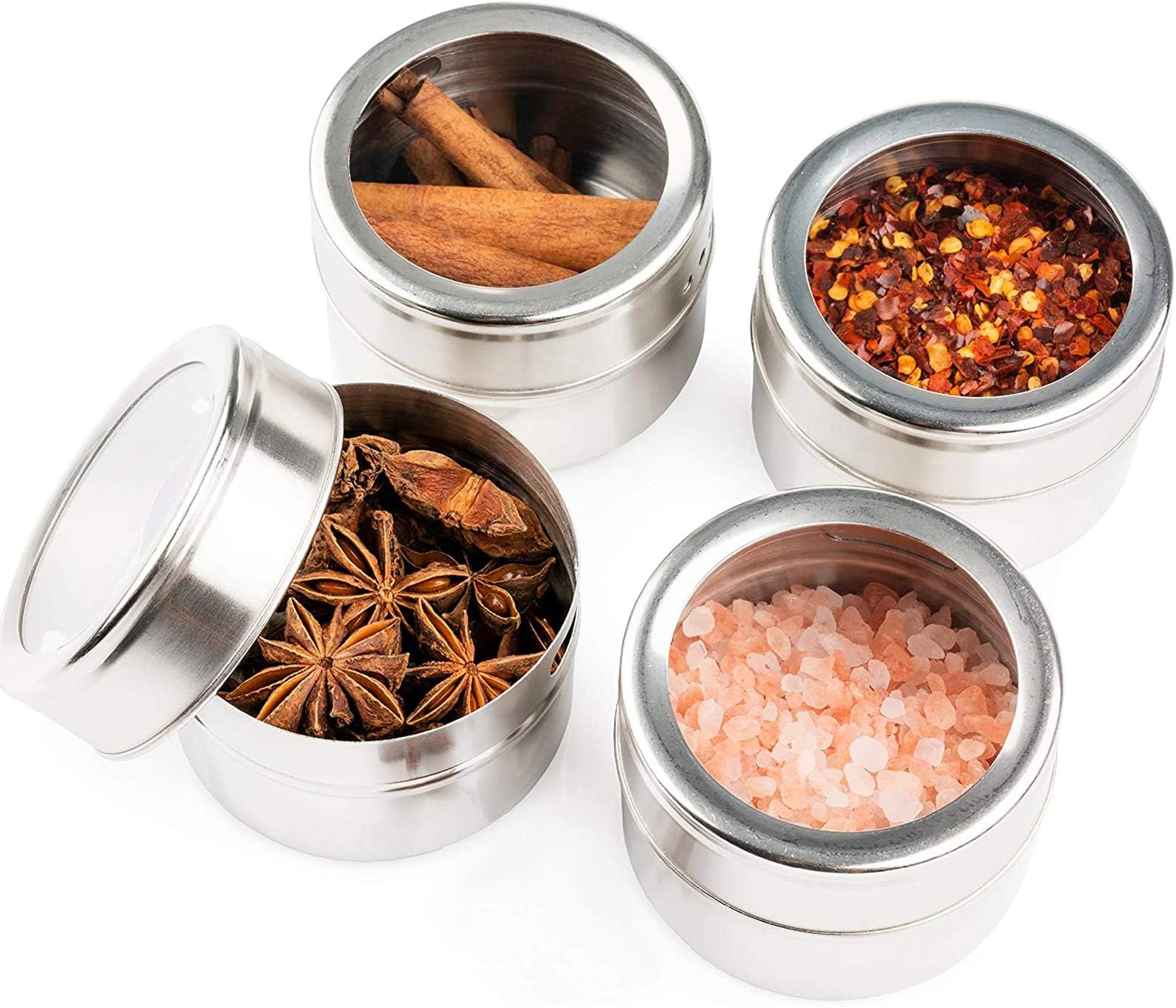 Oak & Steel - 12 Stainless Steel Magnetic Spice Jars with Transparent Lids