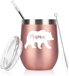 Gingprous Mama Bear Wine Tumbler with Lid and Straw, Mother's