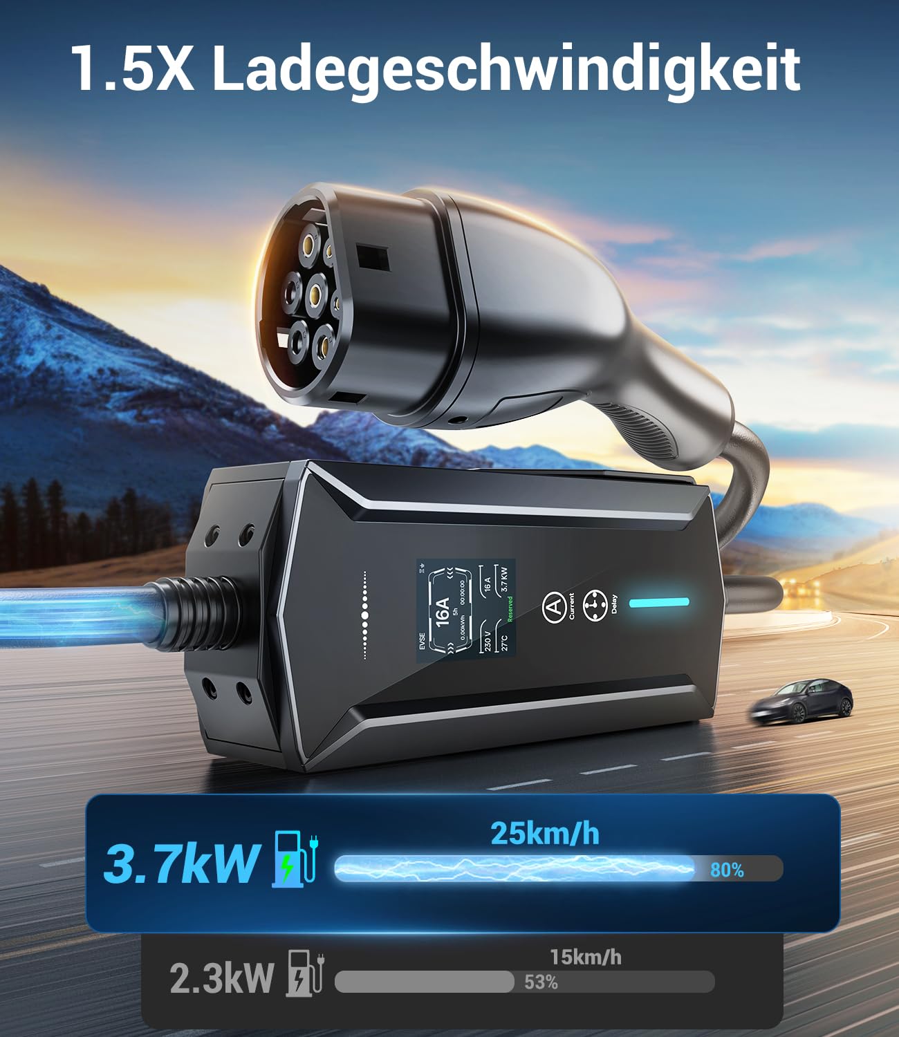 Typ 2 Ladekabel Schuko 3,7kW - 7m|6-16A|1-phasig Tragbare EV Ladegerät IP65 Wasserdicht mit LCD-Anzeige, Einstellbarer Ladeleistung, Einstellung Startzeit, für Allen EVs(IEC 62196-2) & PHEVS