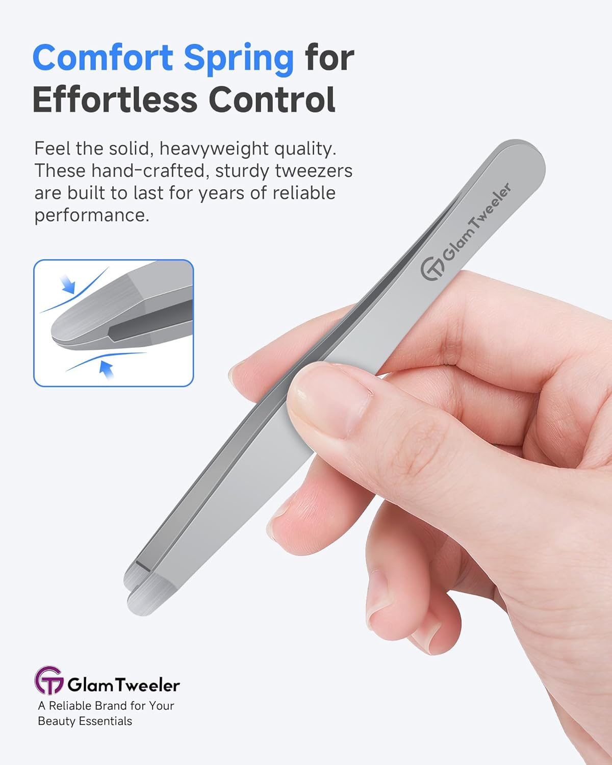 Premium Hand-Made Tweezers with Safe Rounded Tip & Comfort Spring for Pain-Free Plucking, Thick Stainless Steel for Precise Grip on Eyebrows & Facial Hair, Designed for Women and Men