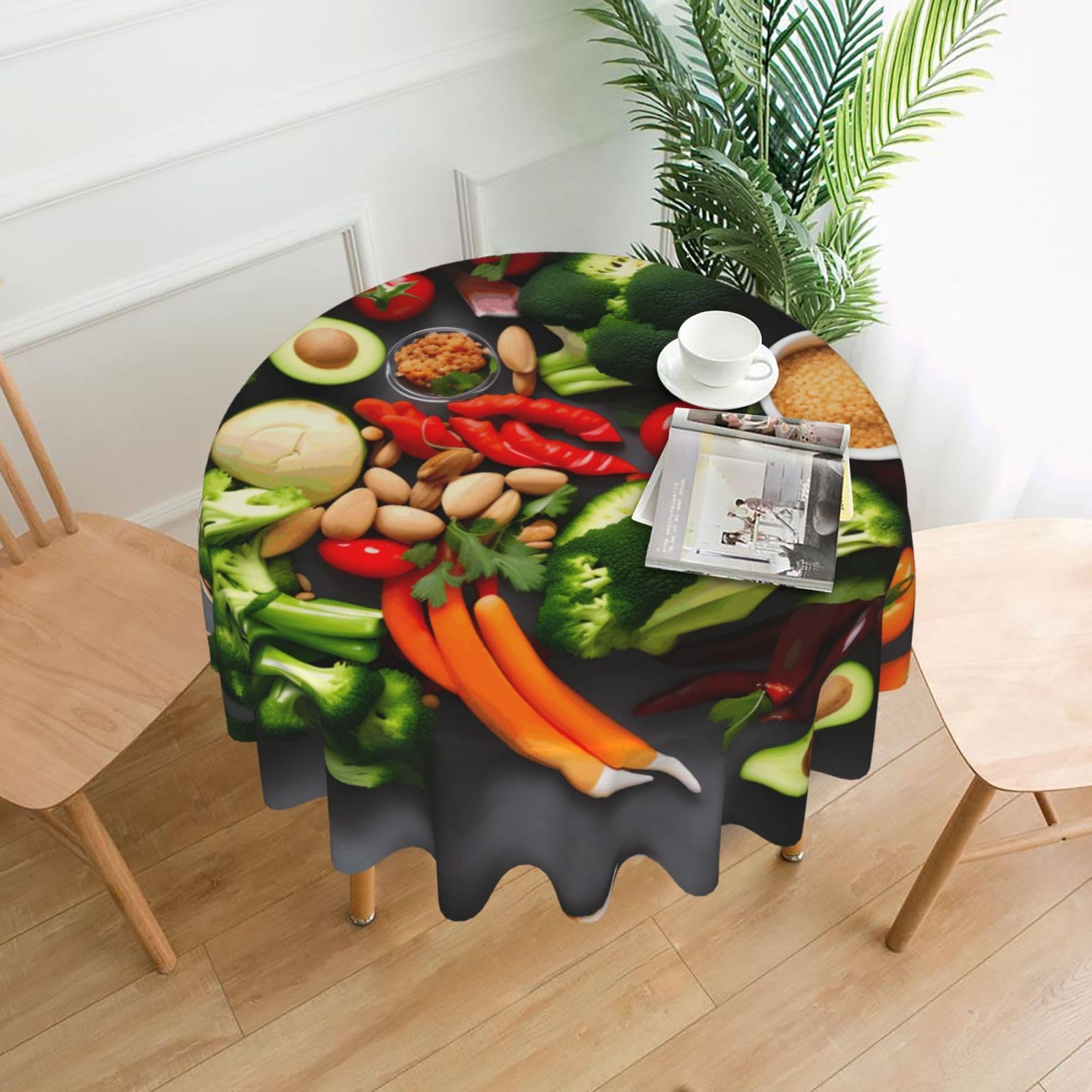 SDEGTHO Healthy Food Print Modern Retro Round Tablecloth 60in Polyester Fabric Cover for Party Dining Table Washable