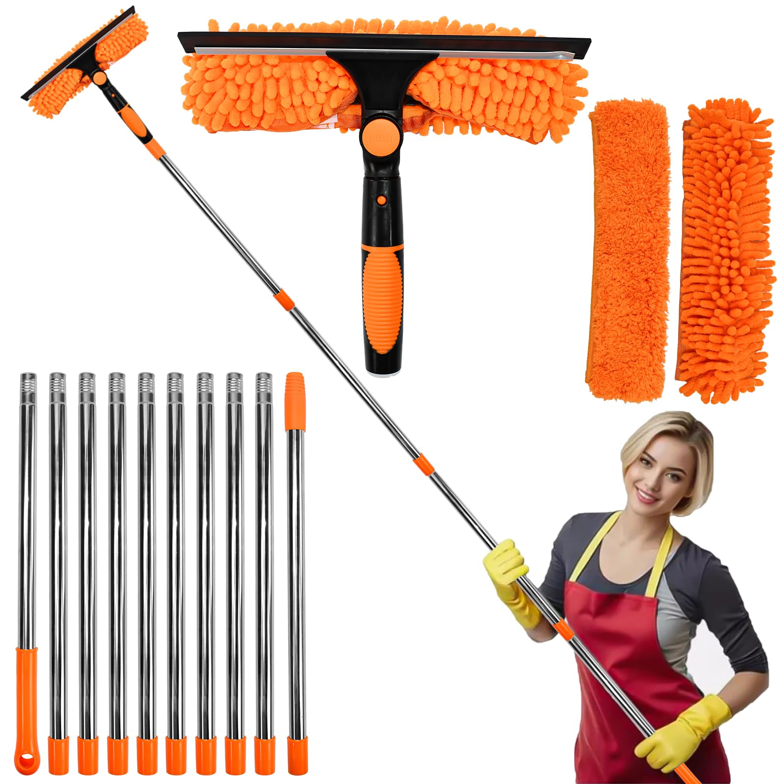 Limpiacristales con Mango Extensible de 24-450cm, Limpiador de Ventanas Telescópico con Escobilla de Silicona y Paños de Microfibra, Limpia Cristales con Mango Largo para Ventanas