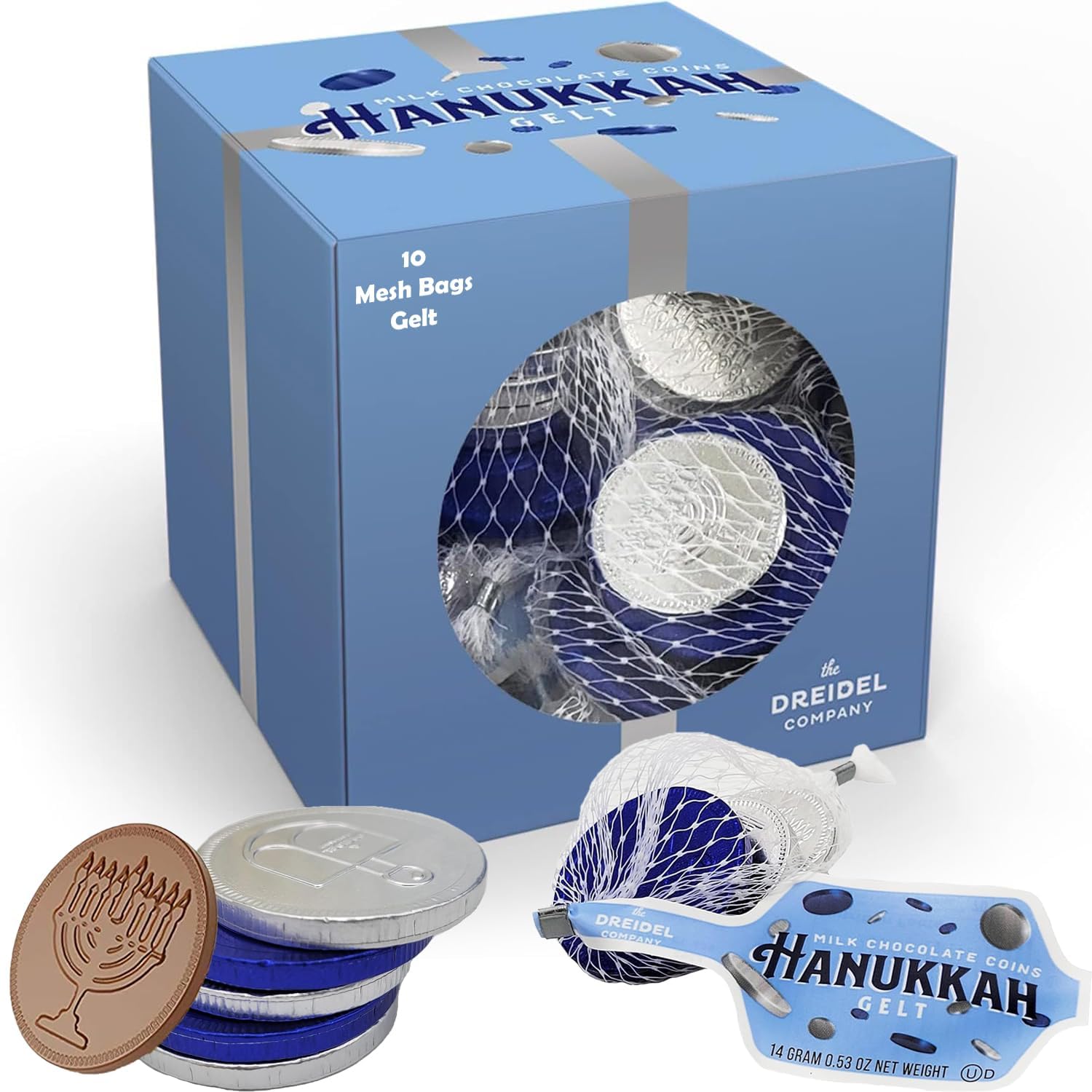 The Dreidel Company 10 Mesh Bags Original Hanukkah Chocolate Gelt Blue & Silver Coins in Mesh Bags, Made with Premium Belgian Milk Chocolate, Gluten Free, Non-GMO, Kosher Certified Dairy