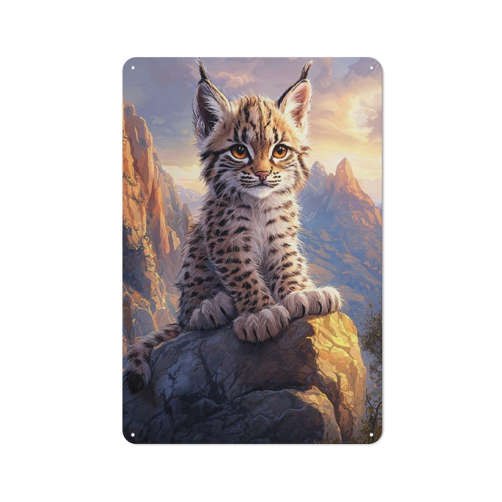 Junmoney Lynx Kitten On Mountaintop Rustic Metal Plaque 30X20cm For Studio Or Craft Room, Suited To Craft Room Decorators
