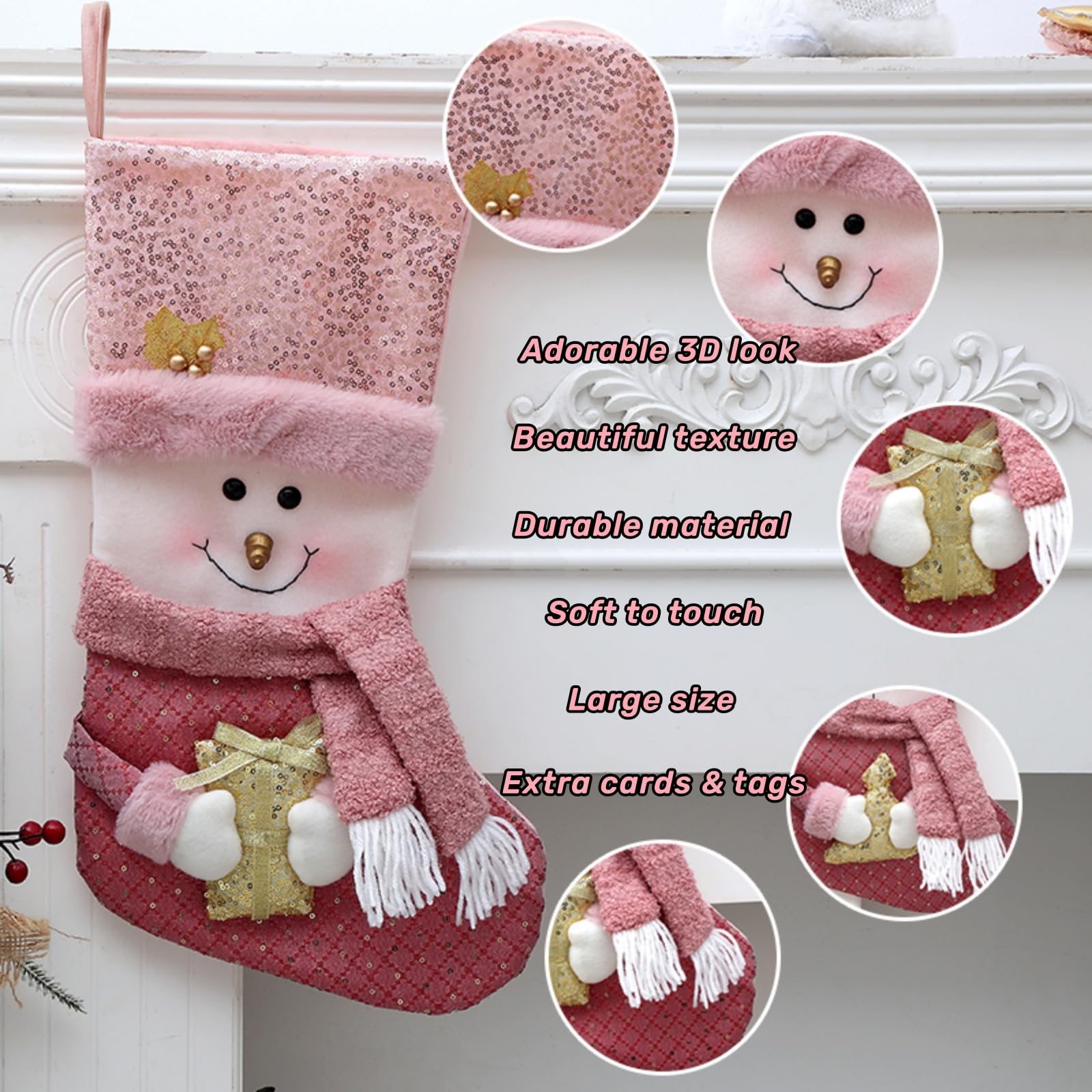 Confezione da 2 calze natalizie rosa con glitter oro 50,8 cm, grandi dimensioni, 3D, Babbo Natale/pupazzo di neve, calze natalizie per famiglia, ornamenti natalizi per scale, caminetto