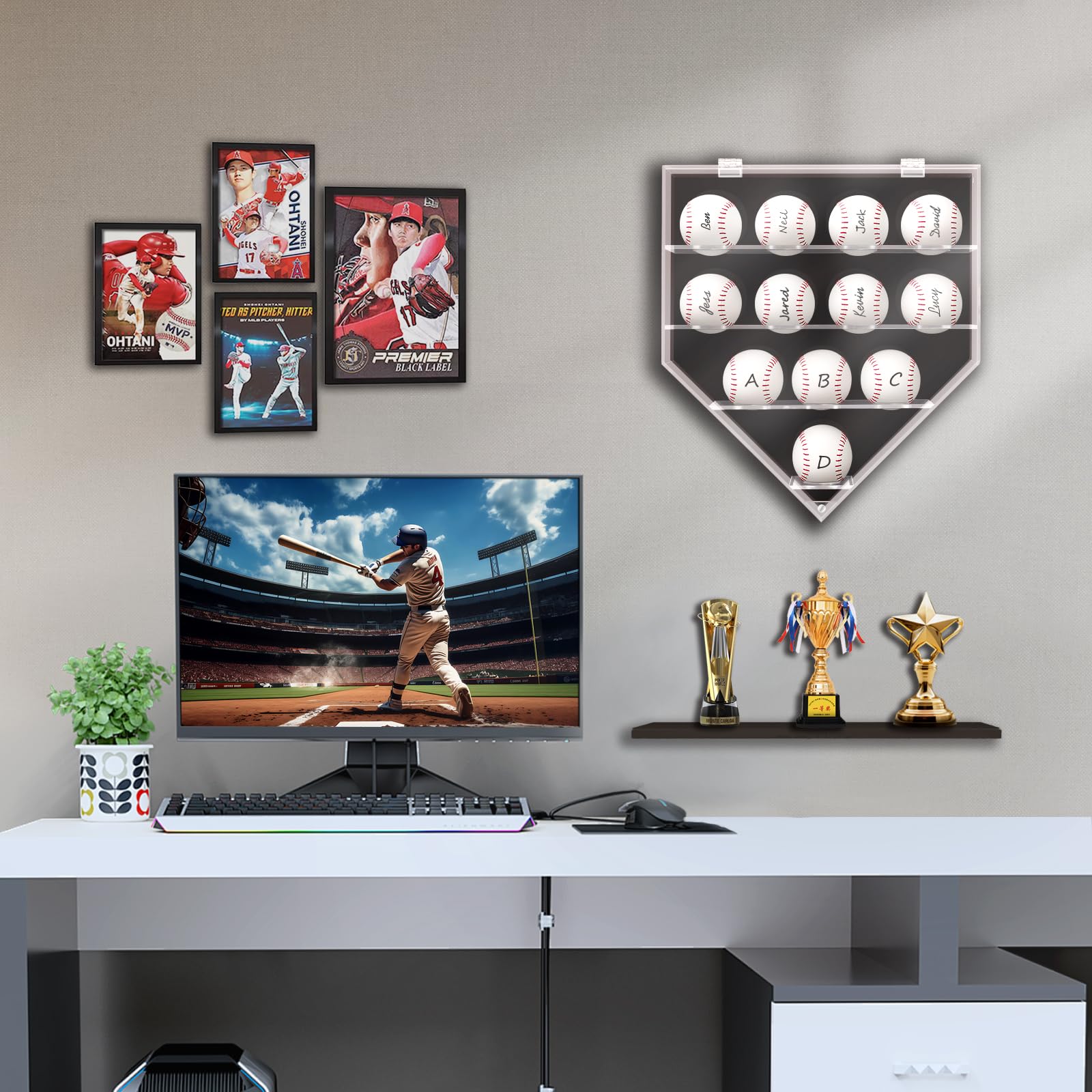 Vitrina acrílica para béisbol, caja de sombra montada en la pared para béisbol, pickleball, tenis, soporte extraíble, caja de exhibición de autógrafos de recuerdos para 12 bolas (negro)