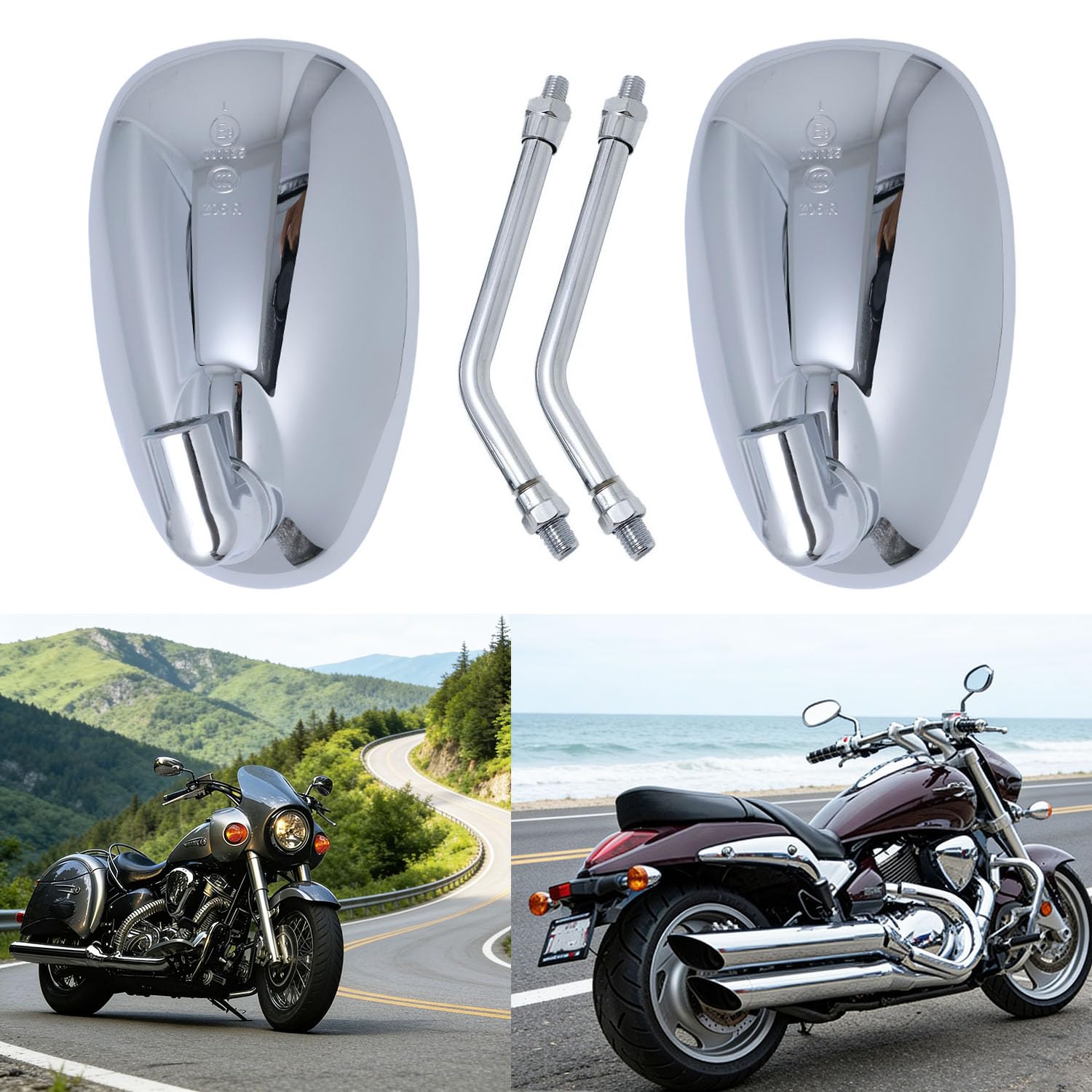Rétroviseur moto, rétroviseurs latéraux M10 Chrome Compatibles avec paquet de vis pour scooter Street Bike Cruiser Chopper Suzuki