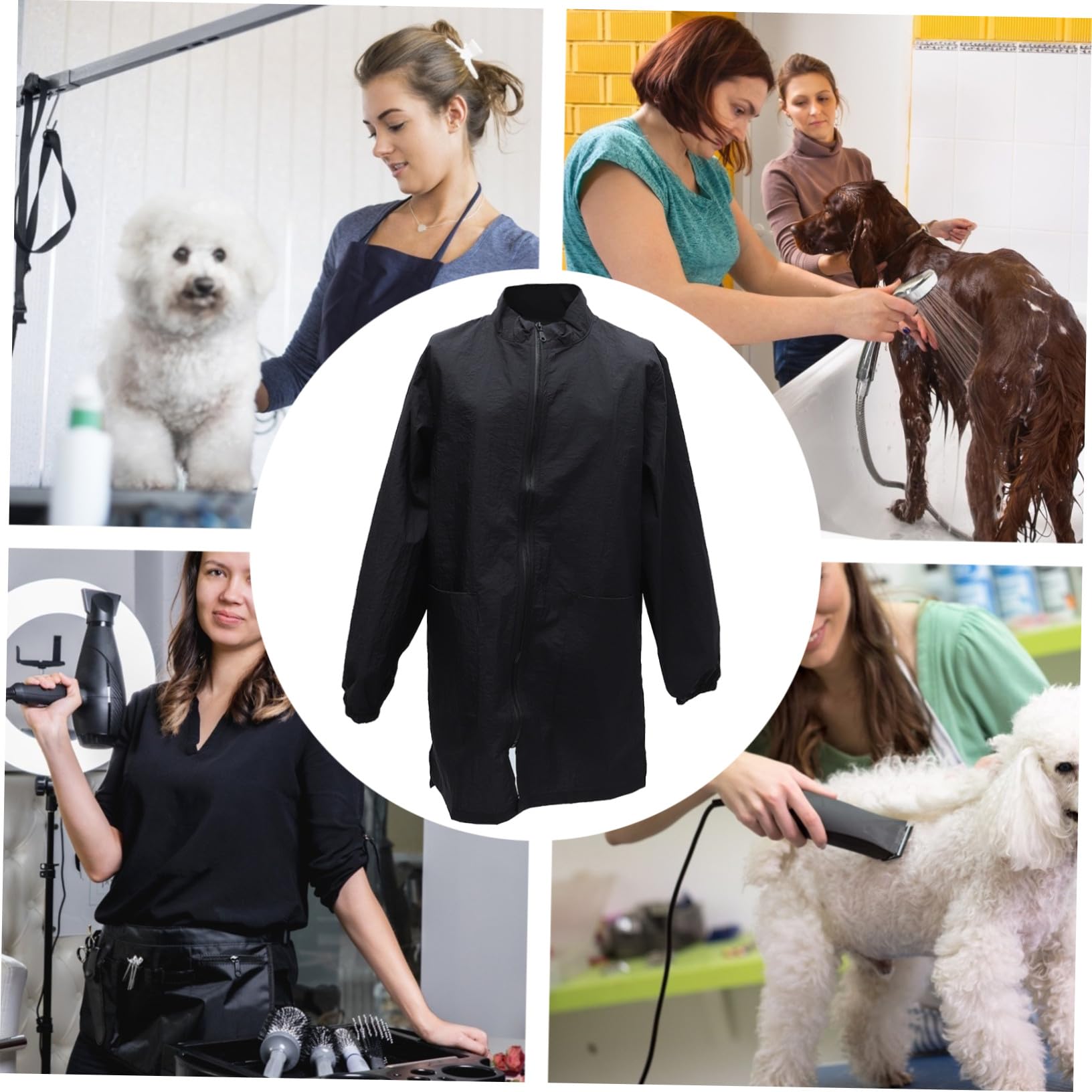 INOOMP Uniforme da Lavoro Ospedaliera Antistatica Cerniera, Grembiule da Toelettatura Nero a Manica Lunga, Leggero e Traspirante per Estetisti e Cosmetologi di Animali Domestici