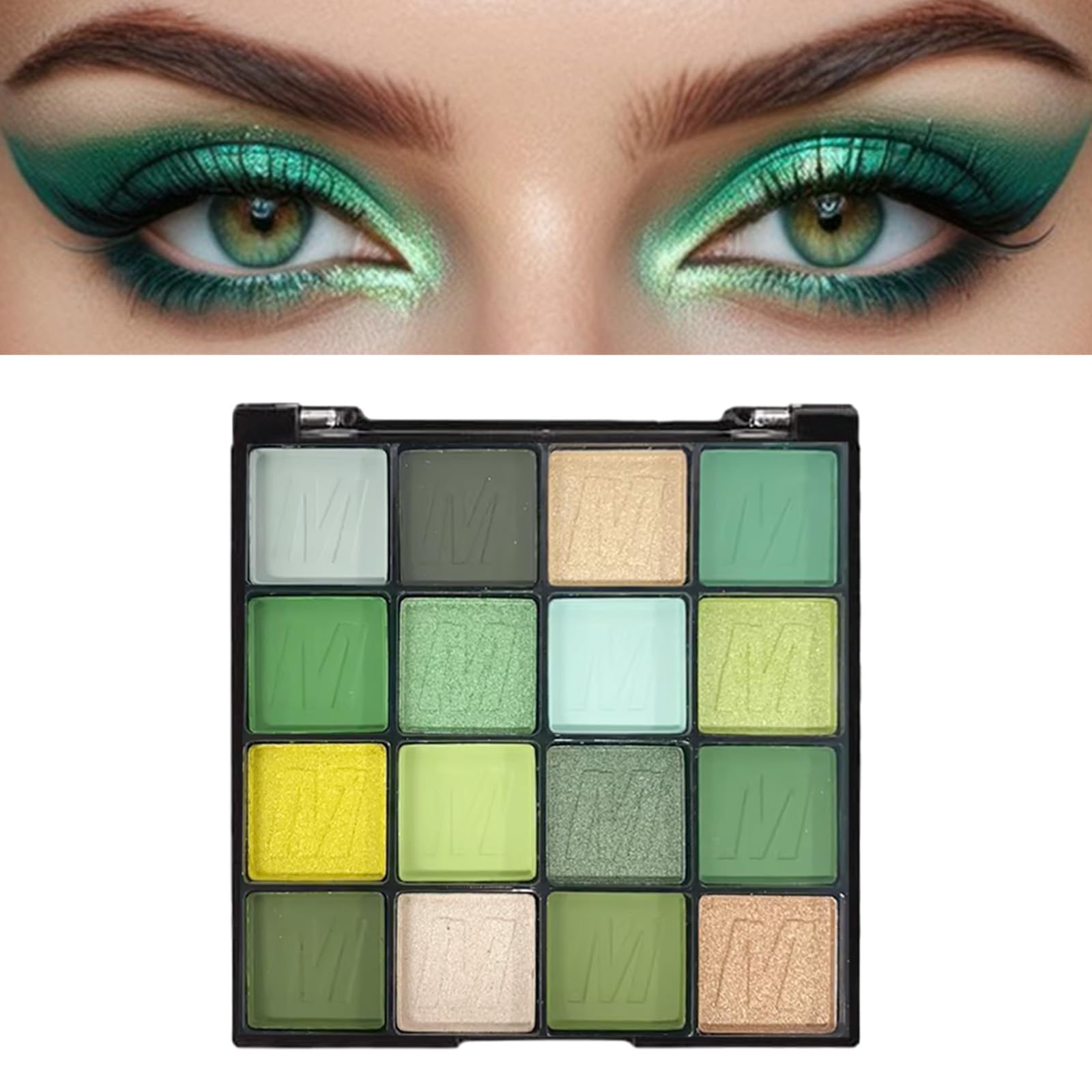 Green Eyeshadow Palette - 16 Colours Shimmer and Sparkly Makeup With Light and Dark Shades - Waterproof