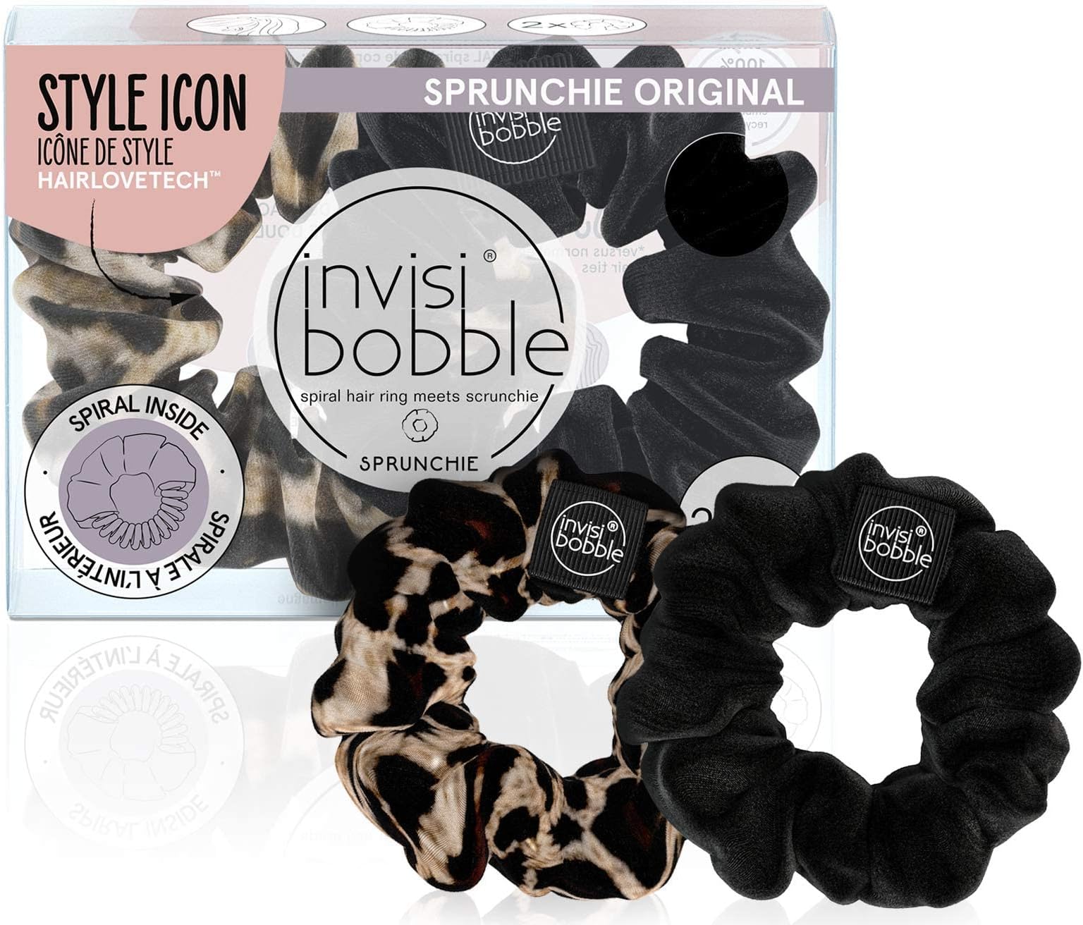 Sprunchie Spiral Hair Ring - True Black and Purrfection- 2 Pack- Scrunchie Stylish Bracelet, Strong Elastic Grip Coil Accessories for Women - Gentle for Girls Teens and Thick Hair