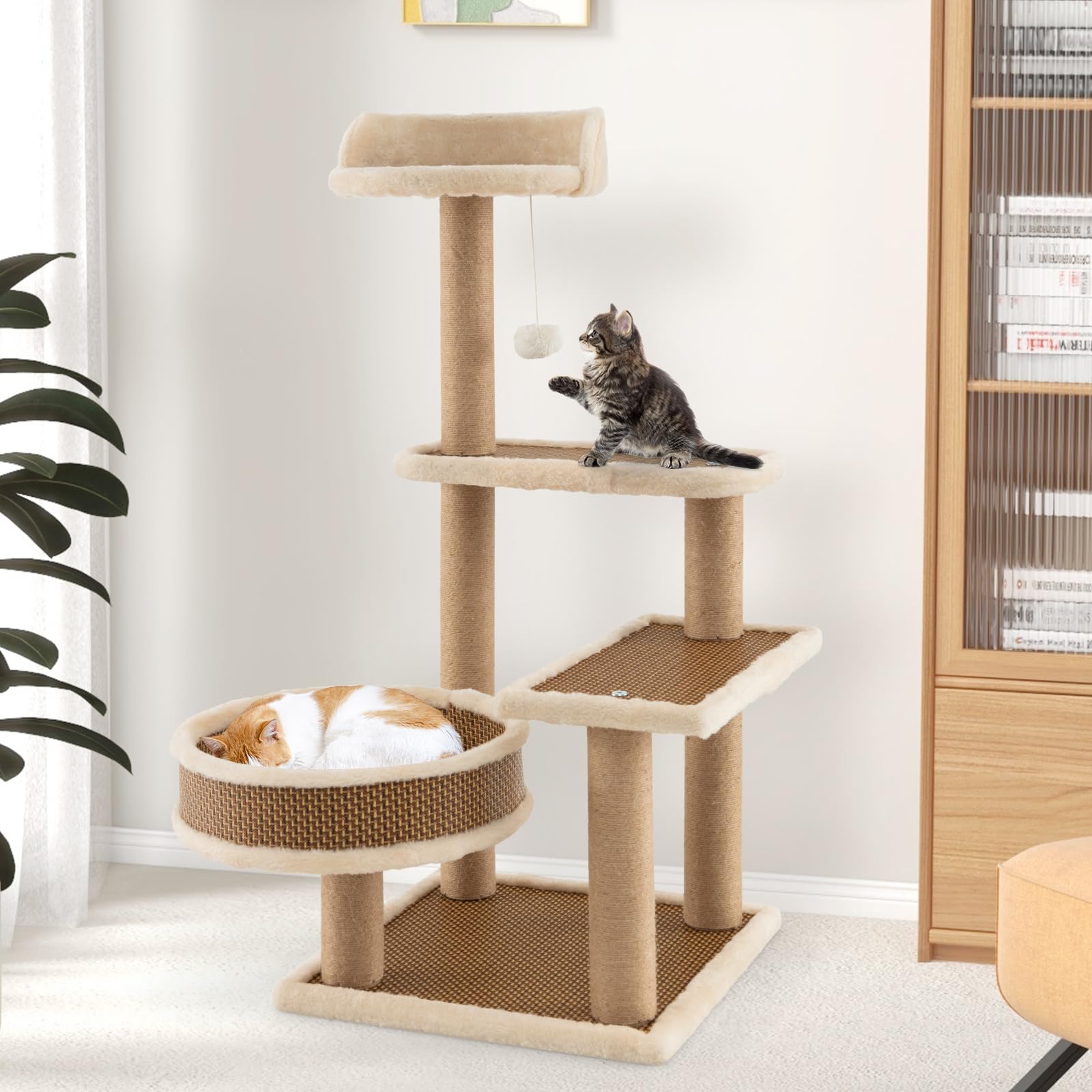 COSTWAY Torre para Gatos de Ratán, Árbol para Gatos de Interior con 3 Juguetes Colgantes, Árbol Rascador, Plataforma, Cama Espaciosa, Centro de Actividades con Tapete de Felpa (40 x 40 x 90 cm)