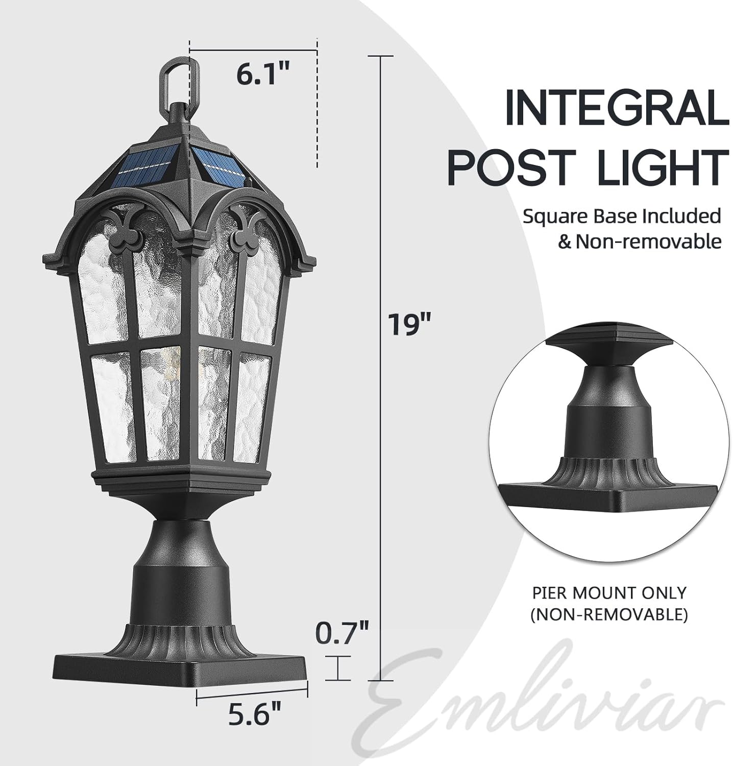Emliviar 19" Portable Solar Post Light for Patio and Camping, Table Lamp with Pier Mount Base in Black Finish, Outdoor Solar Lighting with Water Grain Glass Shade, YXE302P-ML SL BK