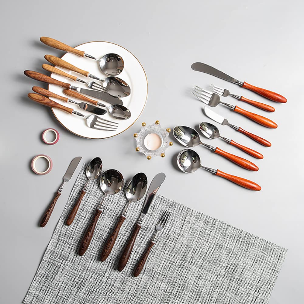 Juego de Cubiertos de 48 Piezas con Cubiertos Negros para 12 Personas Utensilios de Acero Inoxidable con Mangos de Madera y Soporte de Metal Acabado Pulido Espejo