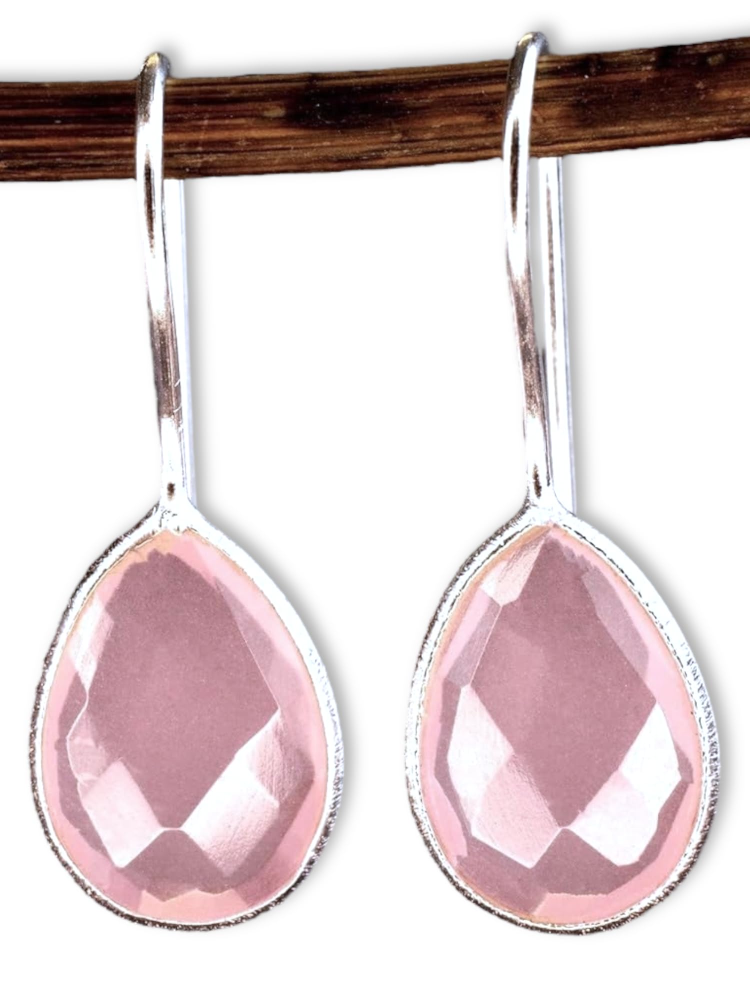MadamLili - Ohrringe Rosenquarz Edelstein - 925 Sterling Silber - Handgefertigt - Hängende Rosa Echtsilber Ohrhänger - Exklusive Schmuckbox