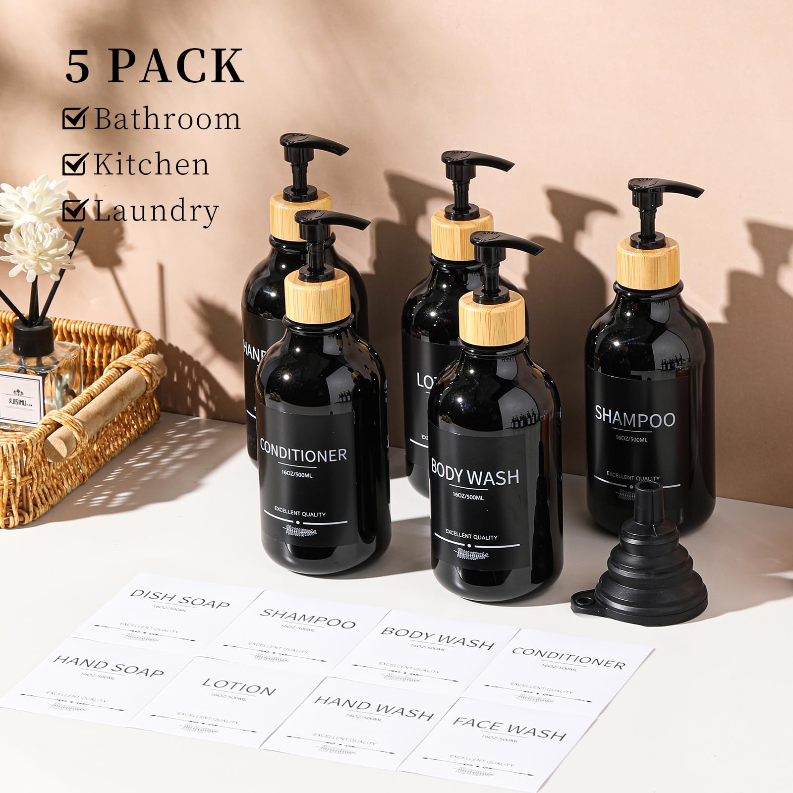 Paquete de 5 botellas dispensadoras de champú y acondicionador, recargables de 16.9 onzas, juego dispensador de champú de baño negro