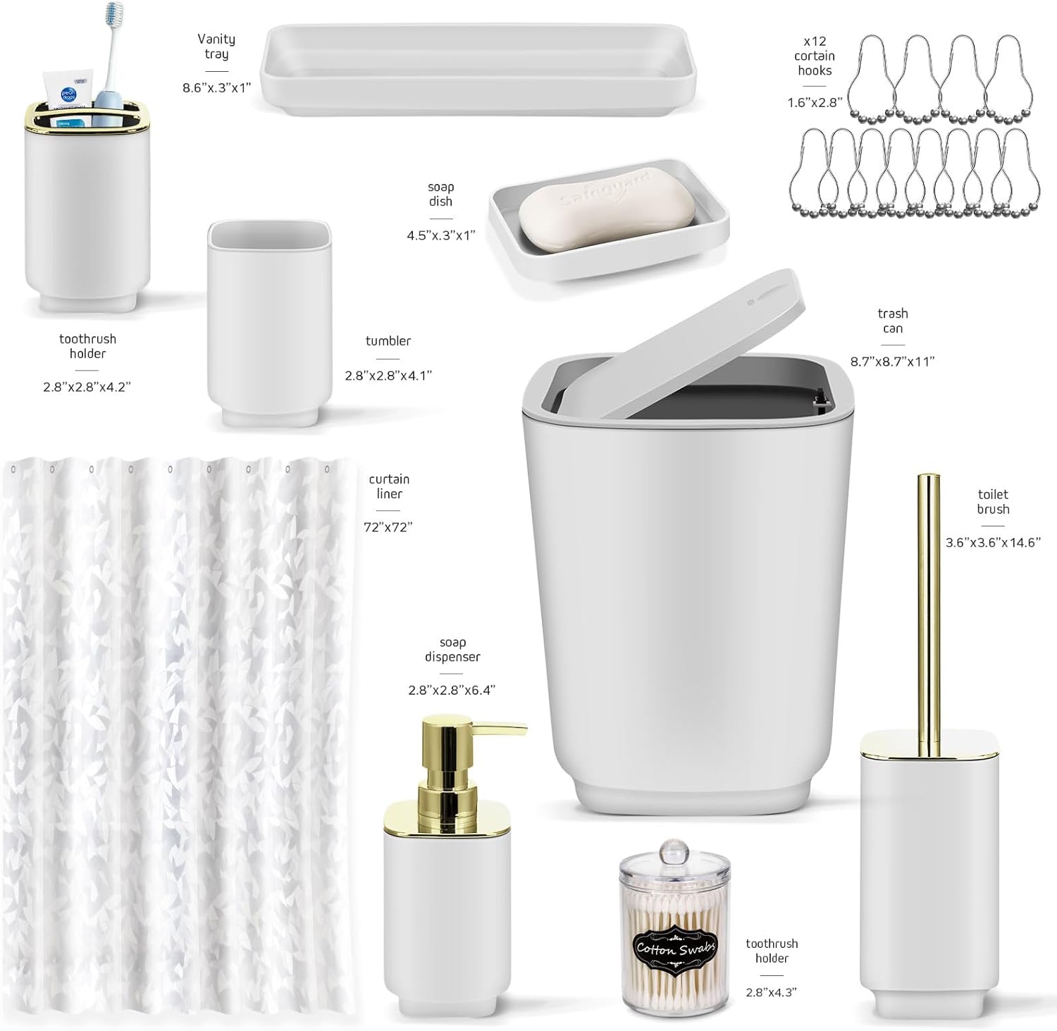 Bathroom Set,22 Piece Bathroom Accessories Set,White Shower Curtain,Tray,Soap Dispenser,Toothbrush Holder,Cup,Soap Dish,Toilet Brush,Qtip Holders,Trash Can for Bathroom Décor and Housewarming Gifts White 11 PCS Bathroom Set+Shower Curtain