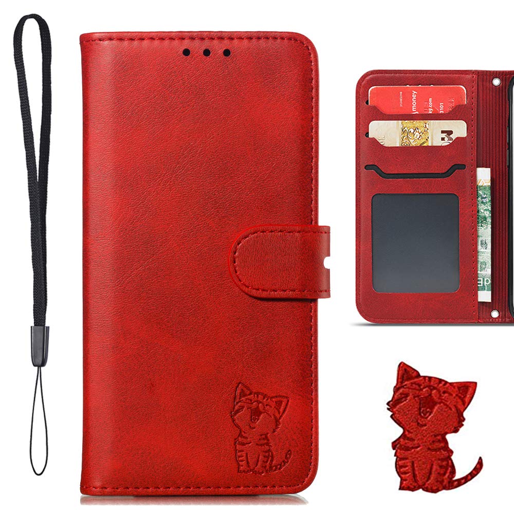 iPhone13 ケース 手帳型 アイフォン13 手帳型ケース 可愛い キャラクター 猫柄 携帯ケース 笑顔猫ちゃん 保護ケース ストラップ付き カード収納 ベルトマグネット式 スタンド機能 薄型 防水 ノート型 おしゃれ 耐衝撃 男女兼用 赤 (iPhone 13 6.1インチ対応) レッド