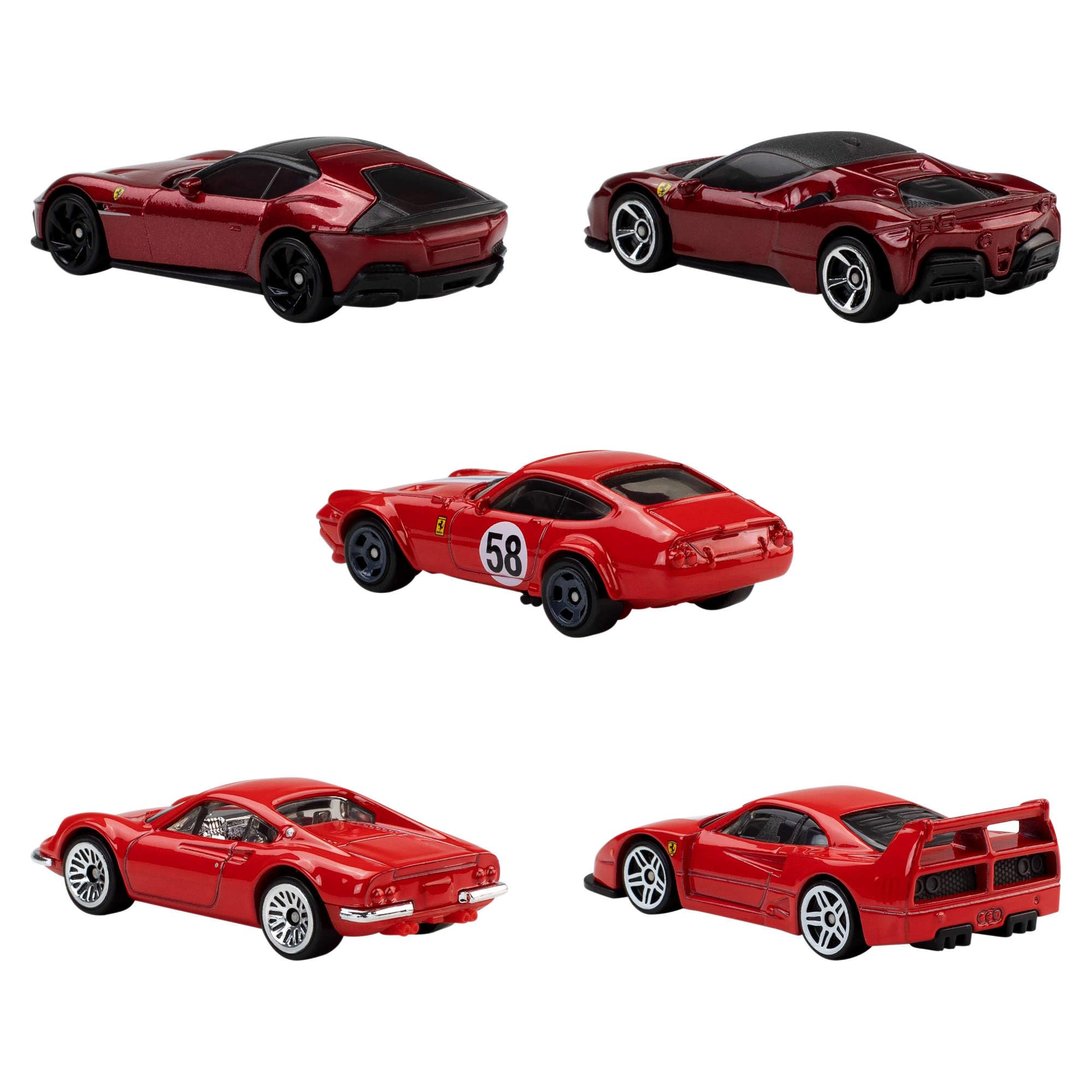 Hot Wheels - Veicoli Ferrari, set da collezione con 5 auto Ferrari con licenza ufficiale, macchinine in scala 1:64 con dettagli premium per il gioco o l'esposizione, 3+ anni, JLN12
