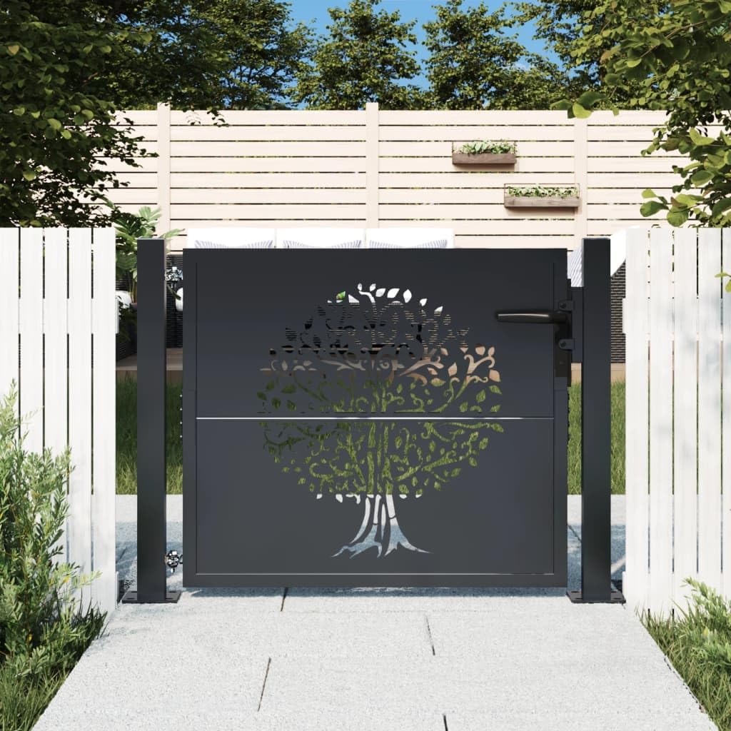 Brokky Garden Gate Anthracite 105x80 cm Steel Tree Design,Metal Garden Gates,Outdoor Fence Gate Galvanised Swing Gates Suit Garden Patio Or Terrace