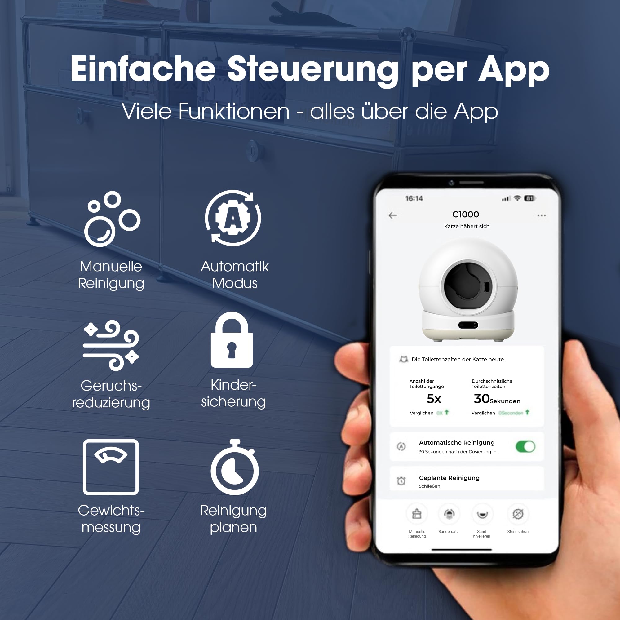 Biokat’s C1000 - Automatisches Katzenklo – Selbstreinigende Katzentoilette mit App – Inkl. Katzenklo-Matte & 3 Rollen Müllbeutel – 82 L XXL