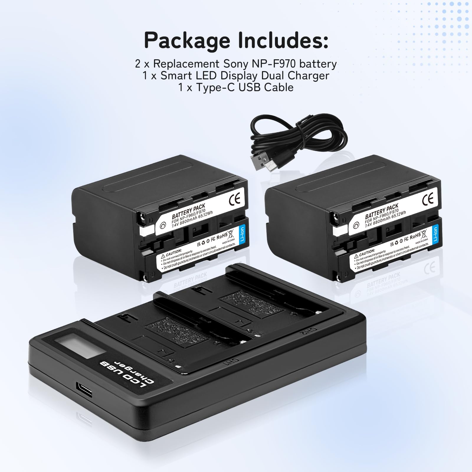 2-Pack 8800mAh Ersatzakku für Sony NP-F970 und USB-Ladegerät für Sony NP-F960 NP-F950 NP-F930 NP-F550 NP-F570 NP-F750 Batterien, für Handycams, Feldmonitor, Videolicht
