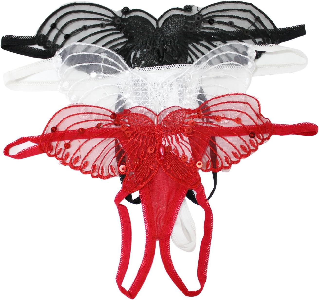 Women’s Sheer Mesh Butterfly Applique Panties, Pearl & Sequin Detail Lingerie, 3 Pack (Black, Red, White)