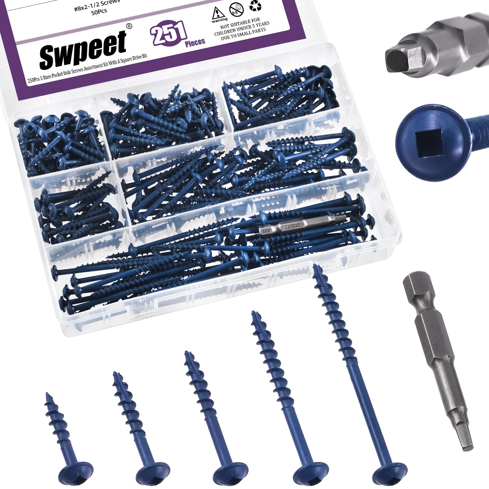 Swpeet 250Pcs 5 Sizes # 8 × 1", 1-1/4", 1-1/2", 2", 2-1/2" Pocket Hole Screws with 1Pc Drive Bit Assortment Kit, Coarse Thread Wood Screws, Self Tapping, Square Drive, Blue Coated Pocket Hole Screws
