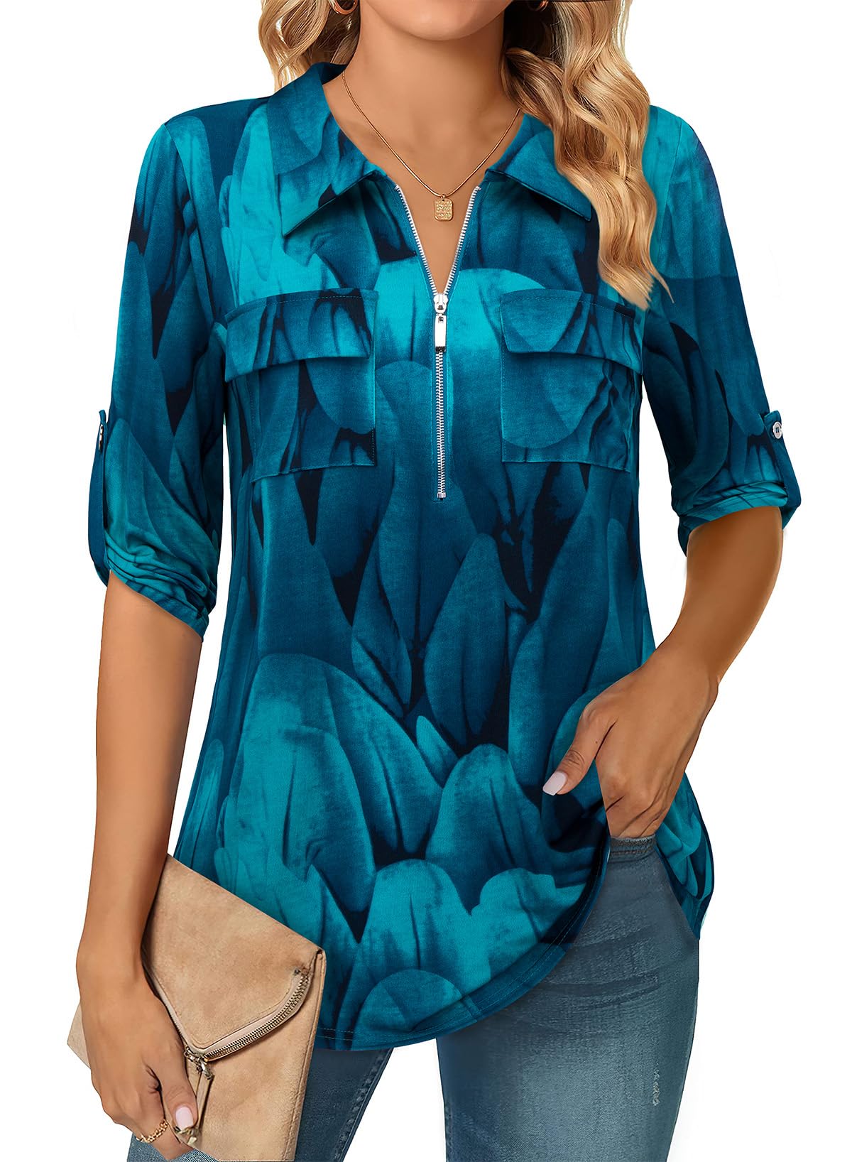 Bulotus Women's 3/4 Sleeve Collared Blouses Business Casual Zip Front V Neck Loose Fit Tunic Tops