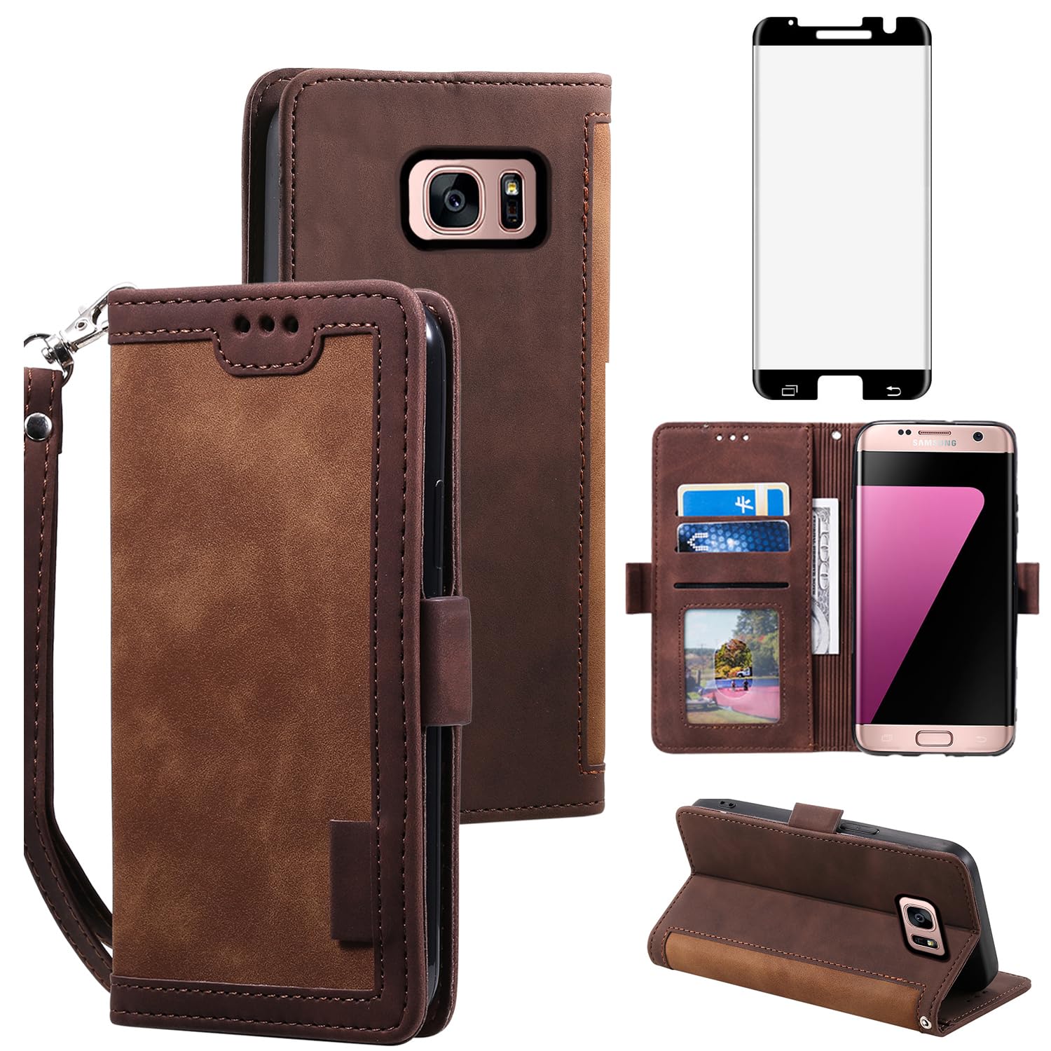 Asuwish Phone Case for Samsung Galaxy S7 Edge Wallet Cell Cover with Tempered Glass Screen Protector Lanyard Flip Credit Card Holder Slot Stand S7edge S 7 GS7 7s 7edge Women Men Brown