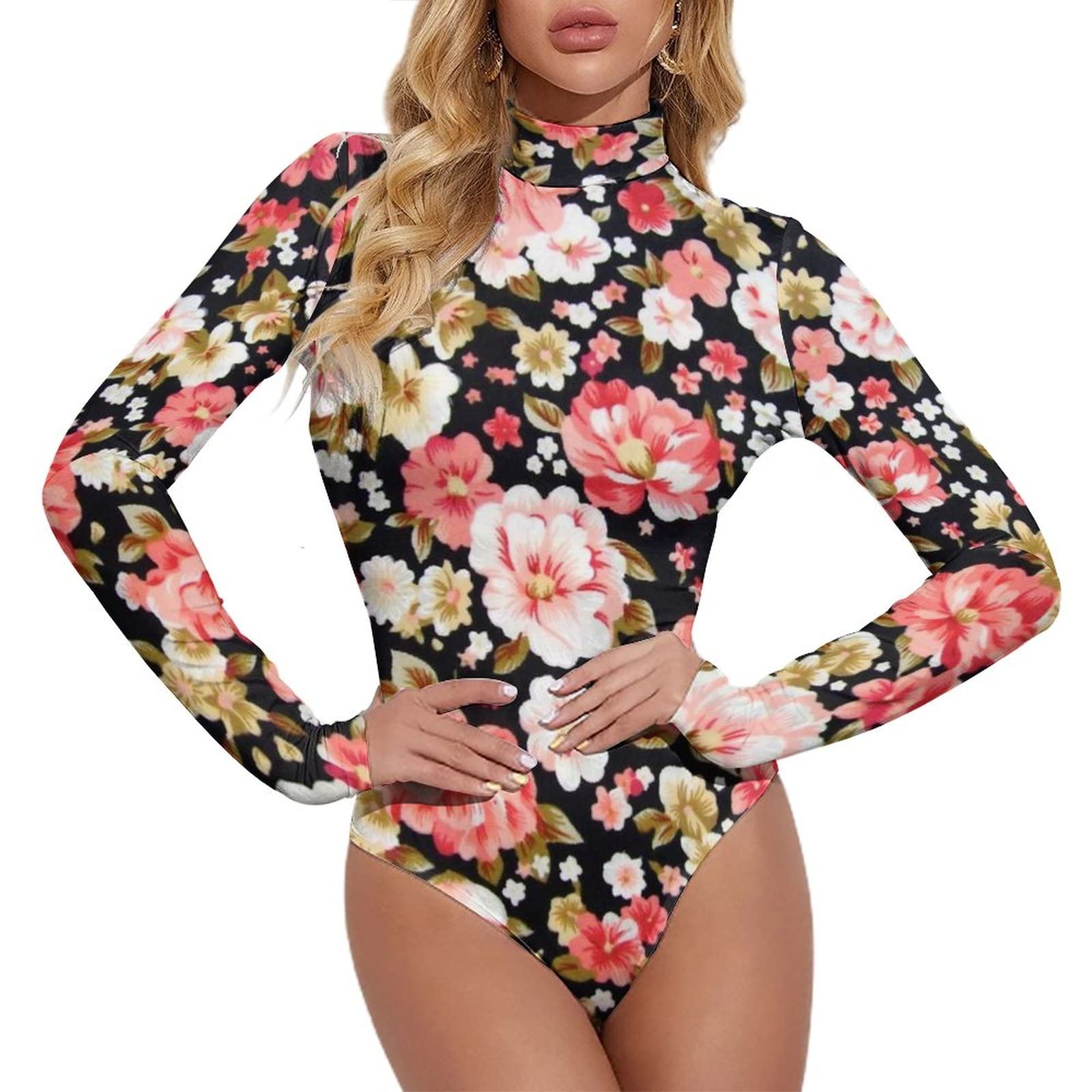 Lurhonp Women's Color1 Mock Neck Jumpsuit Floral Print Long Sleeve Bodysuit Leotard, XX-Large