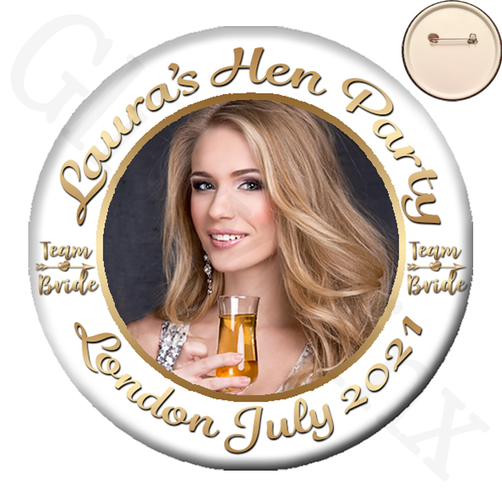 The Retouch Oasis Personalised GOLD TEAM BRIDE Photo PIN BADGE Button for Hen Party Night -58mm ANY COLOUR
