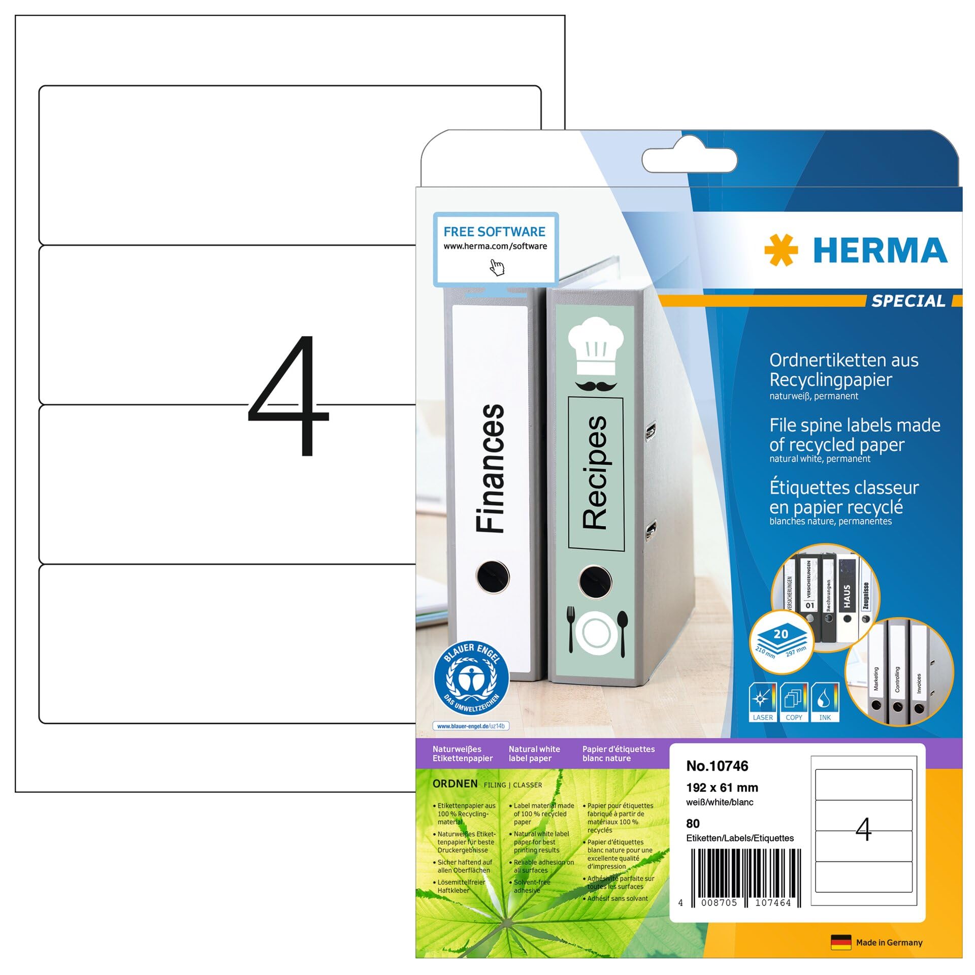 HERMA 10746 Recycling Ordnerrücken Etiketten kurz breit, 640 Blatt, 192 x 61 mm, 4 pro A4 Bogen, 2560 Stück, selbstklebend, bedruckbar, blickdicht, Ordneretiketten Rückenschilder Aufkleber, natur-weiß
