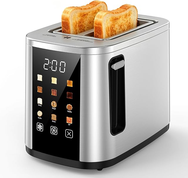 Grille-pain à écran tactile numérique intelligent, acier inoxydable, Fentes extra-côté, LED Indicateur, pour Bagels et Pain épais