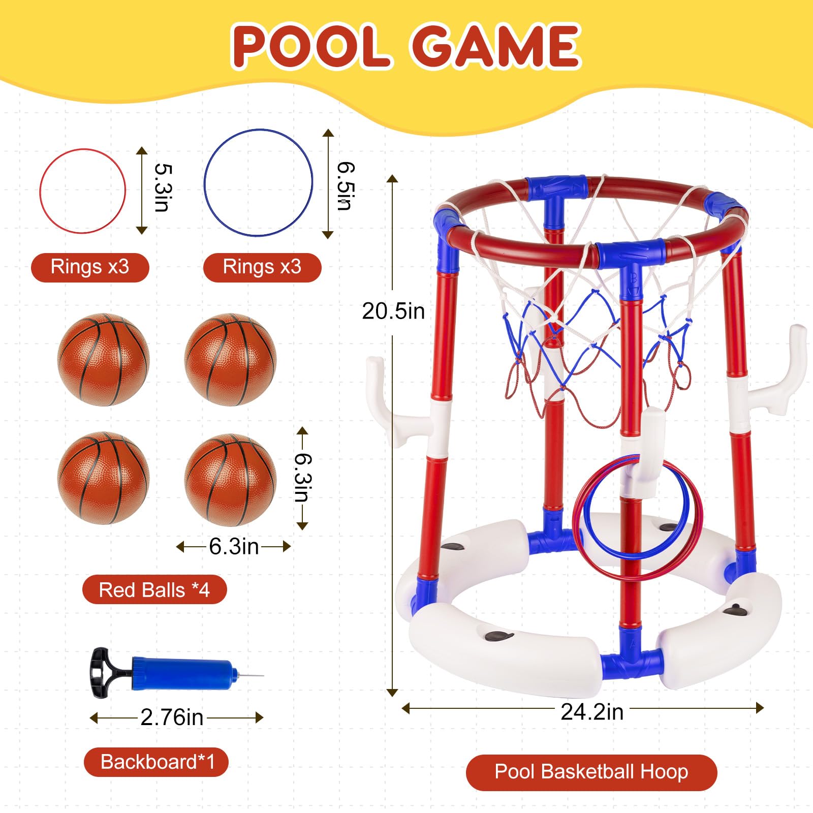 Giocattoli da basket per piscina, cestino da basket galleggiante per piscina con 4 palline, 6 anelli e pompa, ideale per bambini e adulti per divertirsi in acqua