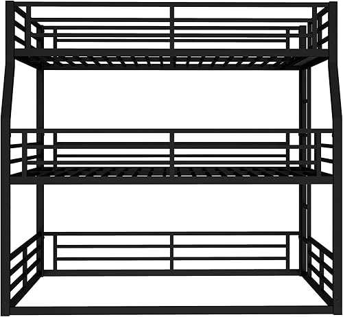 Miniatura 101 de Litera en forma de L individual sobre cama matrimonial adjunta, litera triple de metal con escritorio y tobogán integrados, marco de literas de