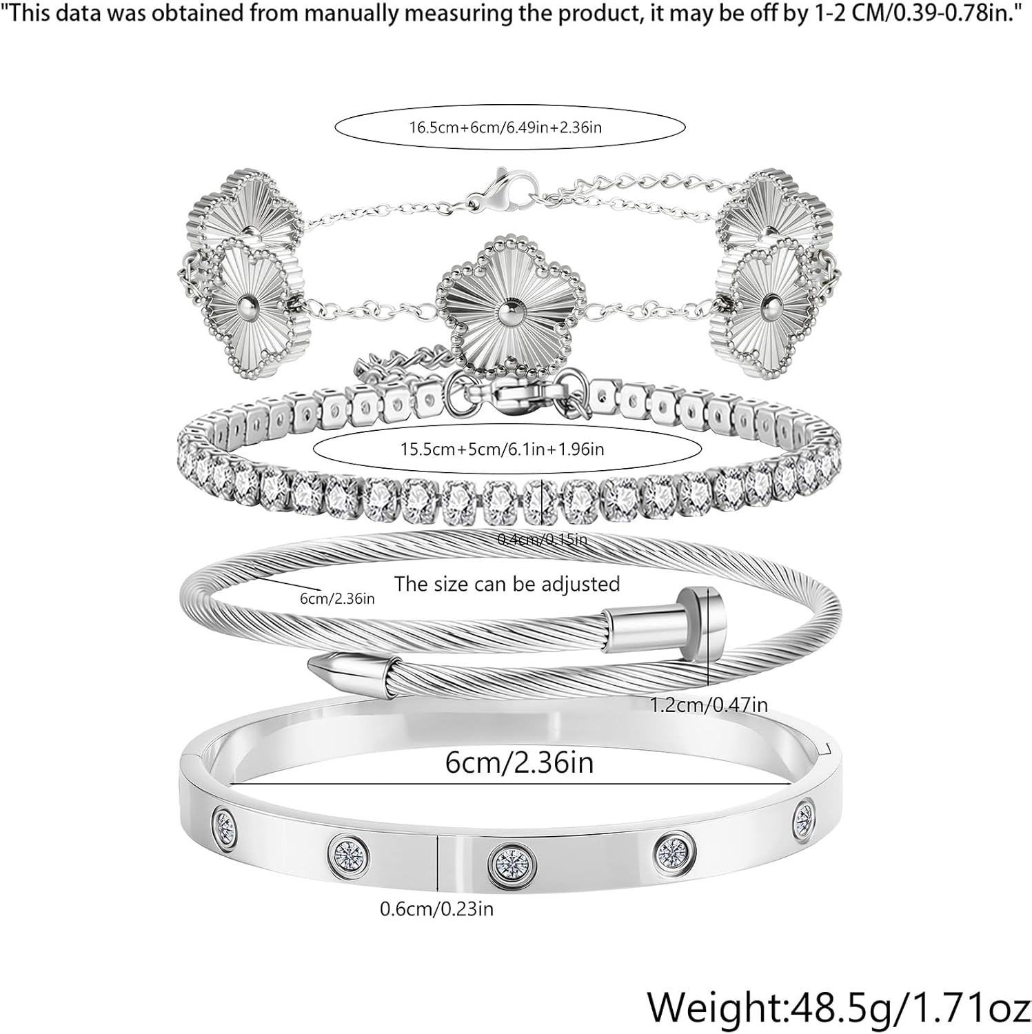 Gold Bracelets for Women-4Pcs 18K Gold Plated Love Bangle Tennis Clover Nail Bracel... - Image 5