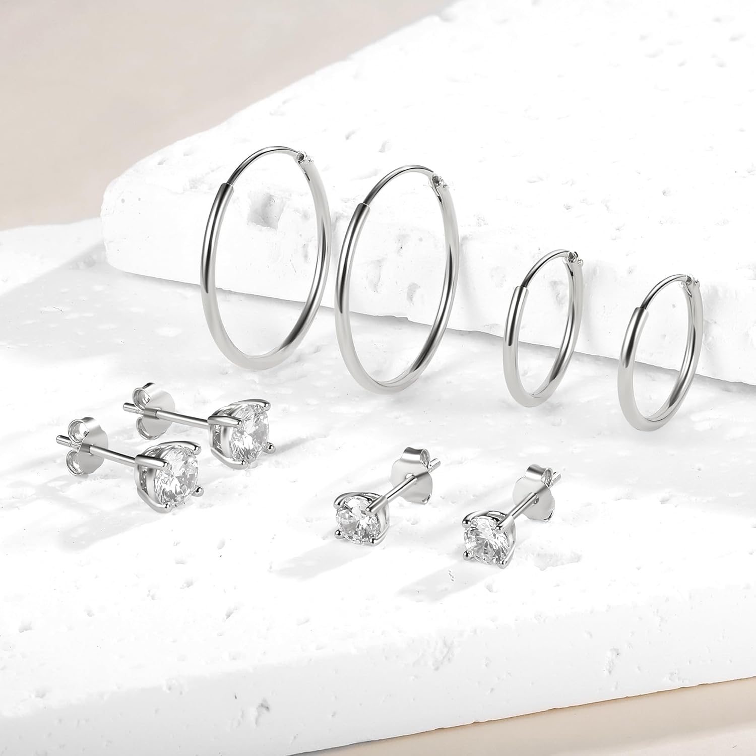 MDFUN 925 Sterling Silver Hoops Huggie Stud Earrings Set 15/20mm Thin Hoops 4/5mm Cubic Zirconia Earrings for Women Pack of 4 Pairs