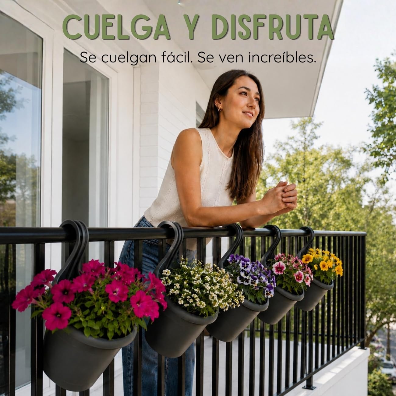 Macetas Colgantes Exterior Balcón Plástico 6 ud Ø16 cm Gris Antracita | Para Colgar en Balcón, Barandilla, Palet, Celosía, Resistentes a Rayos UV