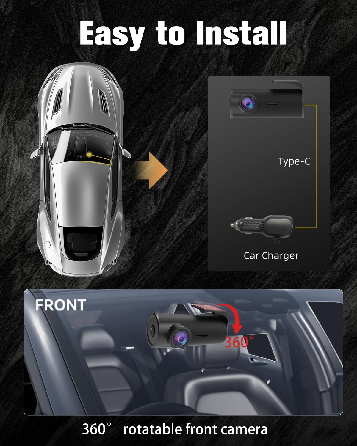 Diagram showing easy installation of the CATCATCH C1 Dash Cam with a 360-degree rotatable front camera.