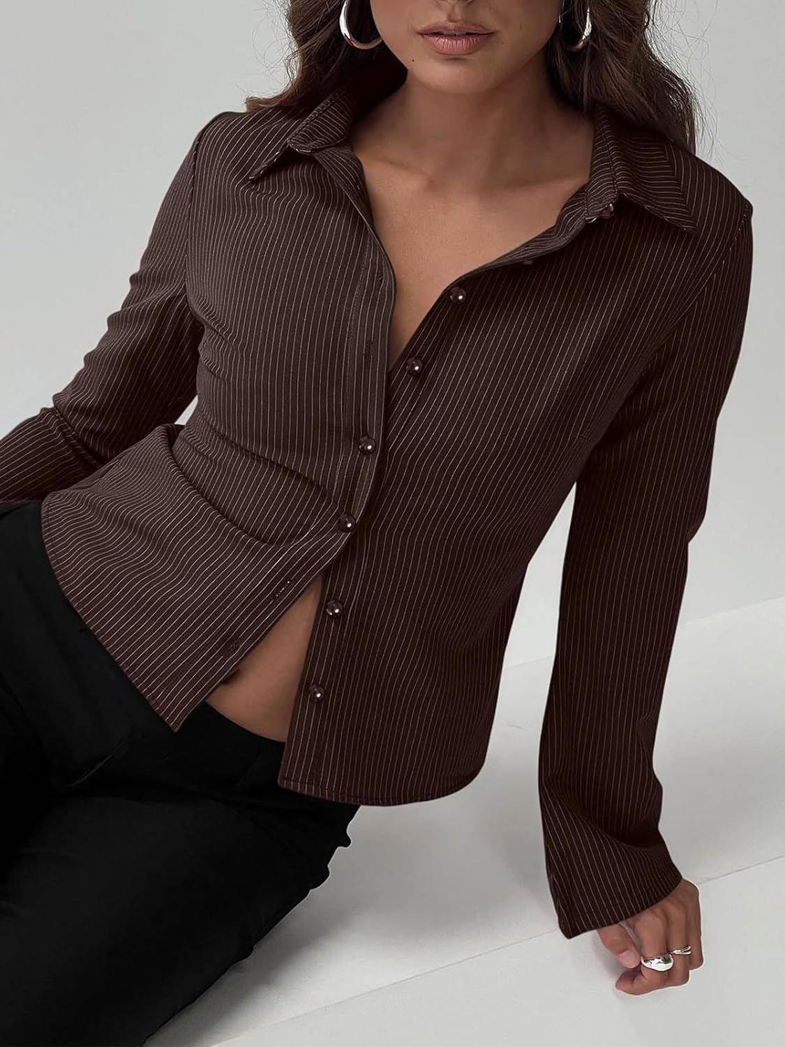 VNIRA Women’s Button Down Shirts Striped Long Sleeve Collared Casual Work Blouses Slim Fit Going Out Tops - Image 4