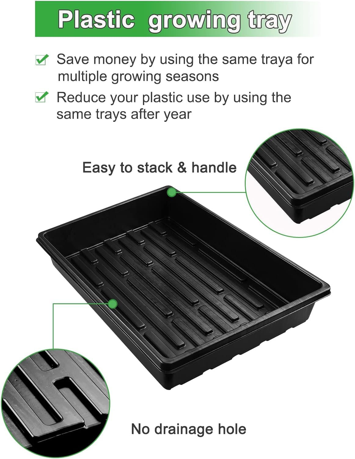 Lot de 6 Plateaux Semis Rectangulaires sans Trous, Bac de Rétention avec 2 Bouteilles d’Arrosage 250 ML, Plateau Plastique Réutilisable pour Germination, Microgreens, Intérieur et Serre