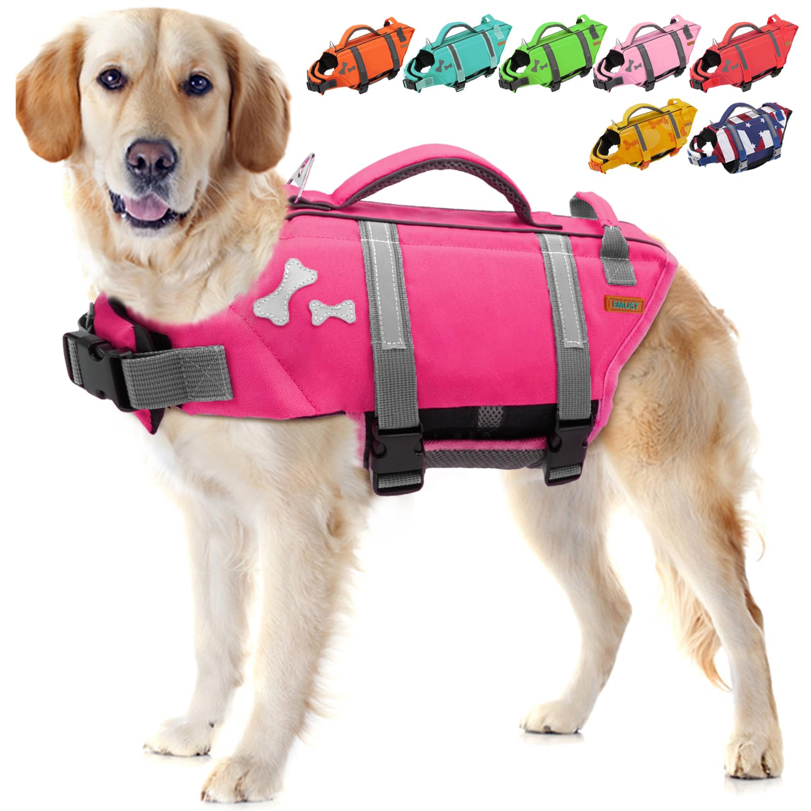 EMUST Dog Life Jacket, Lightweight Dog Life Vests with Thickened Rescue Handle for Large Dogs, Pet Safety Swimsuit Preserver for Swimming Pool Beach Boating, BrightPink, XXL